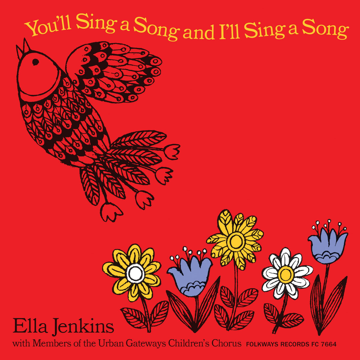 Red album cover with illustrated birds and flowers, Ella Jenkins title.