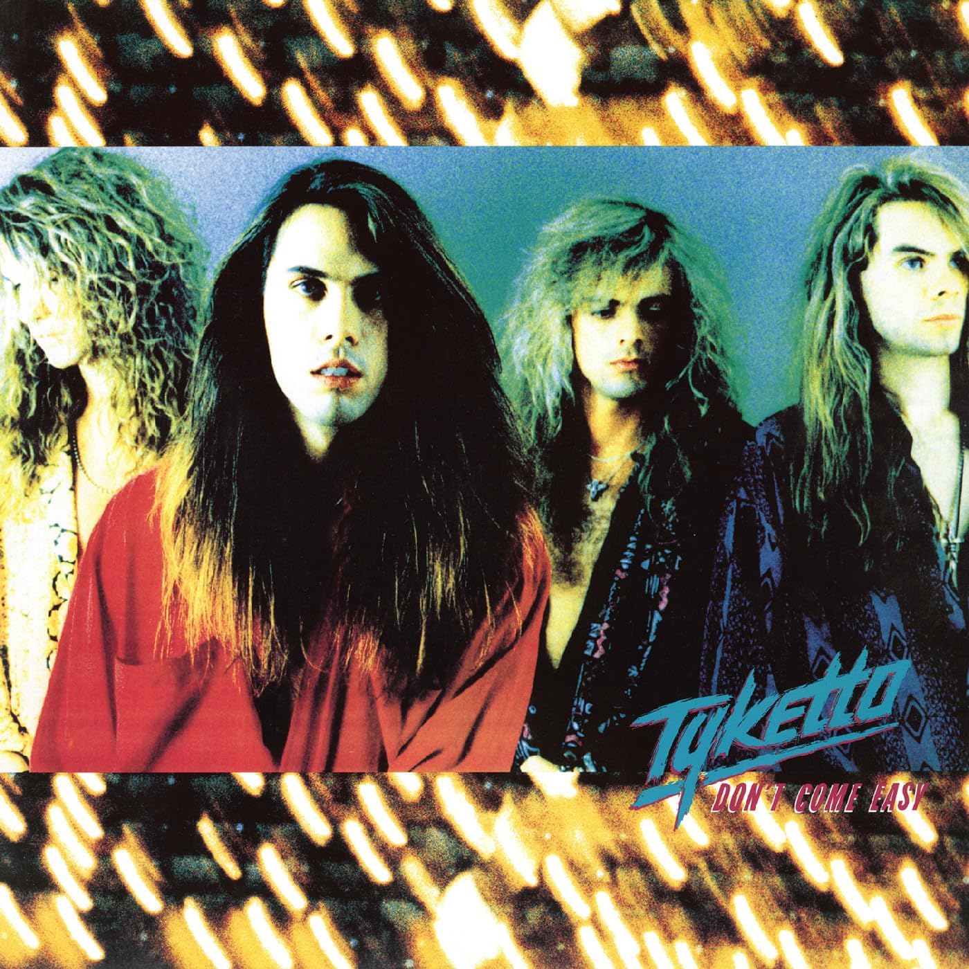 Tyketto band album cover: four musicians with long hair, red background.