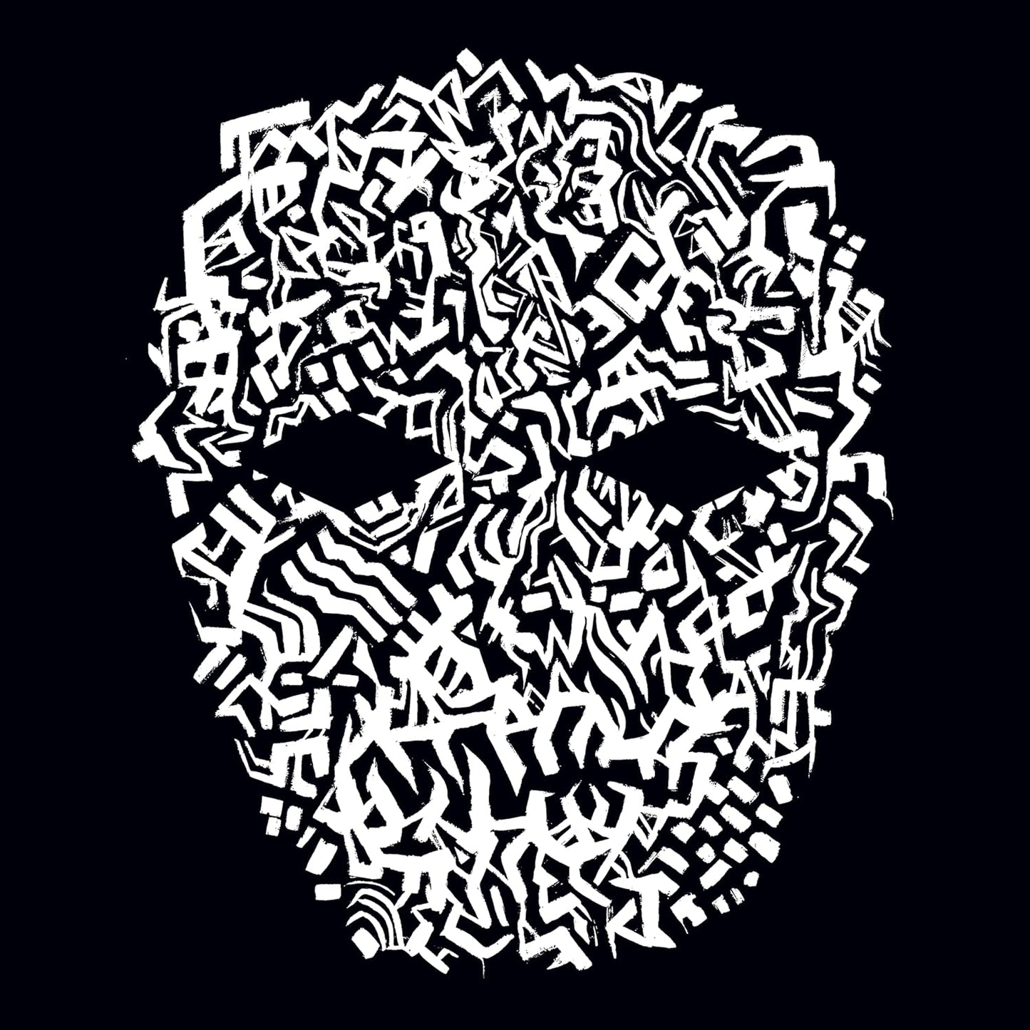 White, abstract skull shape composed of scribbled lines on black background.