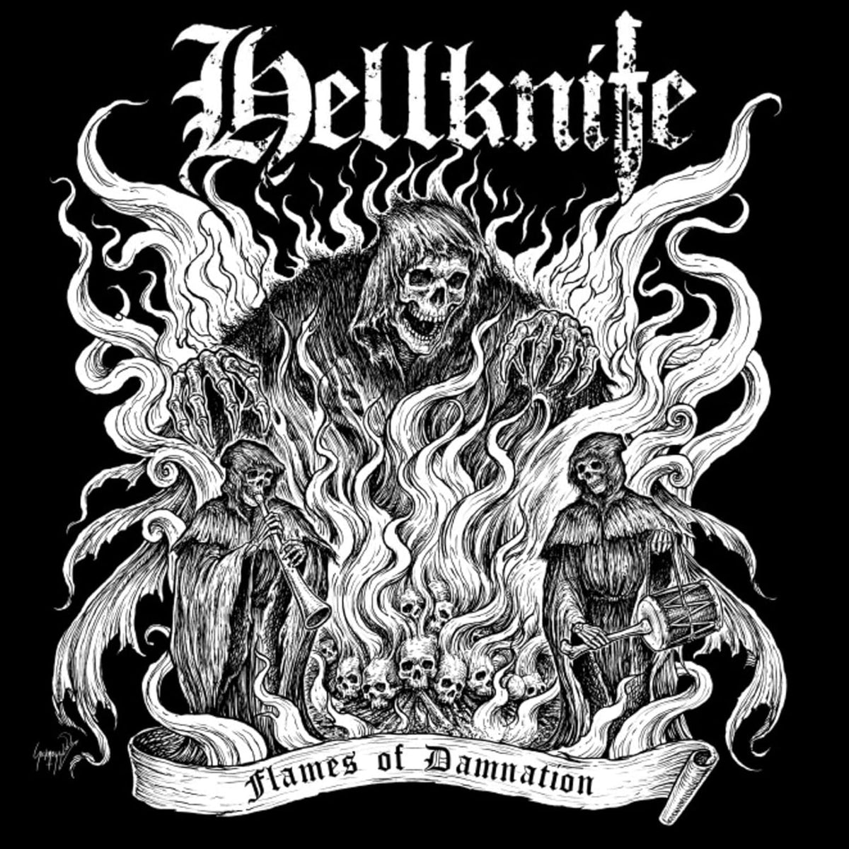 Black vinyl record of Hellknife’s “Flames Of Damnation” album, likely with fiery artwork.