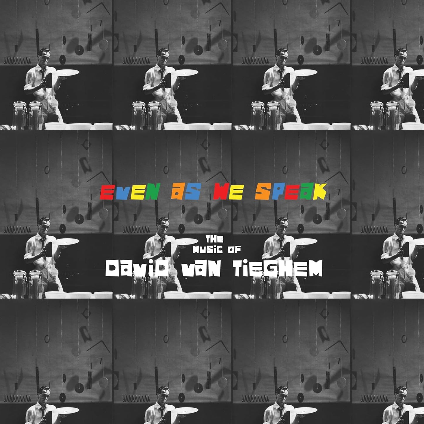 Black and white album cover featuring a musician playing percussion.