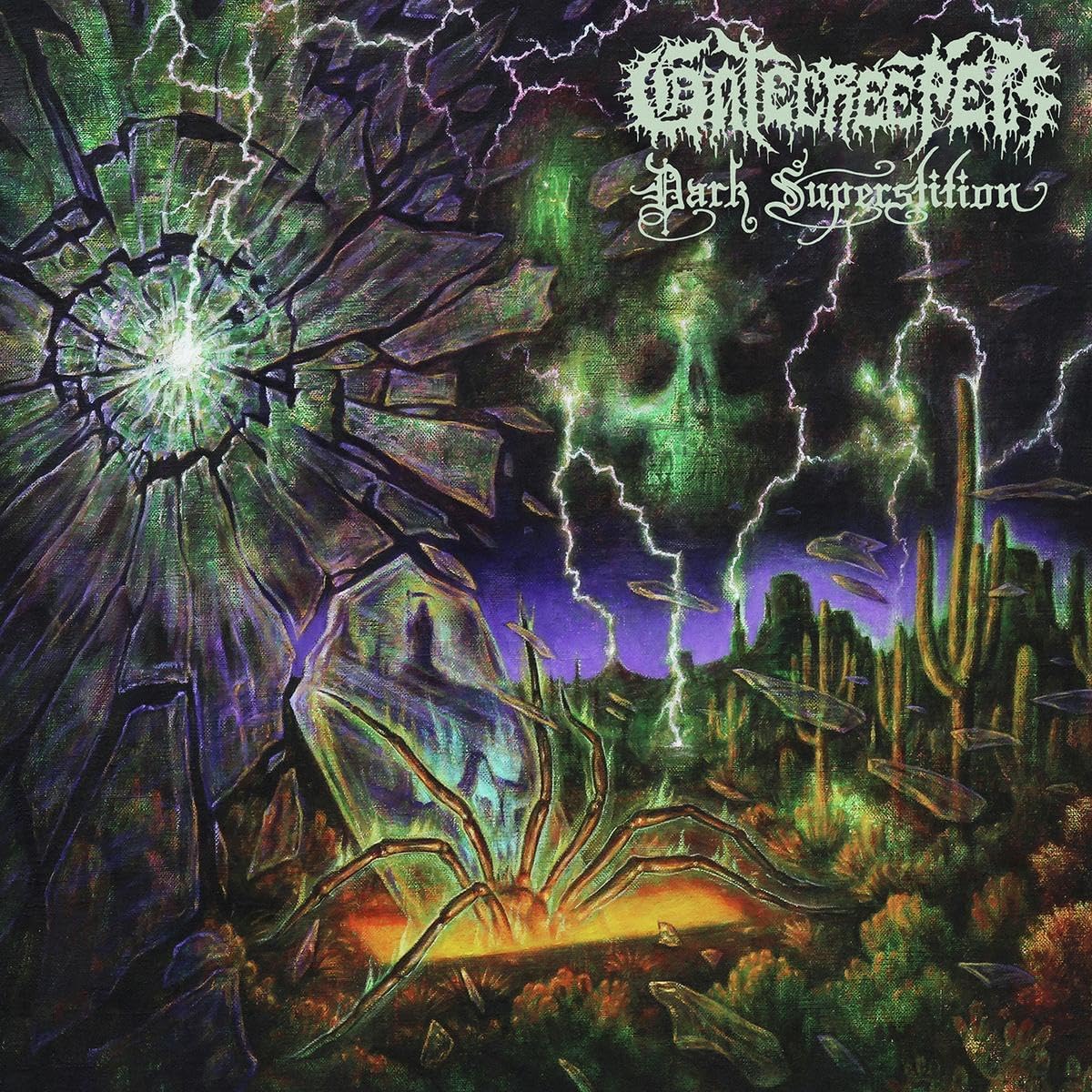 Album cover art featuring a desert landscape with lightning, a spider, and shattered glass.