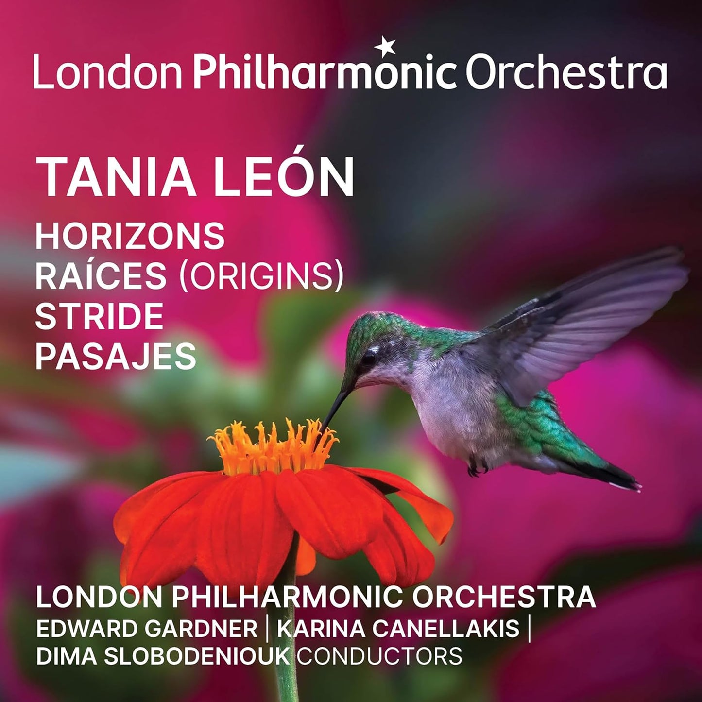 CD cover: hummingbird near orange flowers, text reading "Tania Leon" and orchestra name.