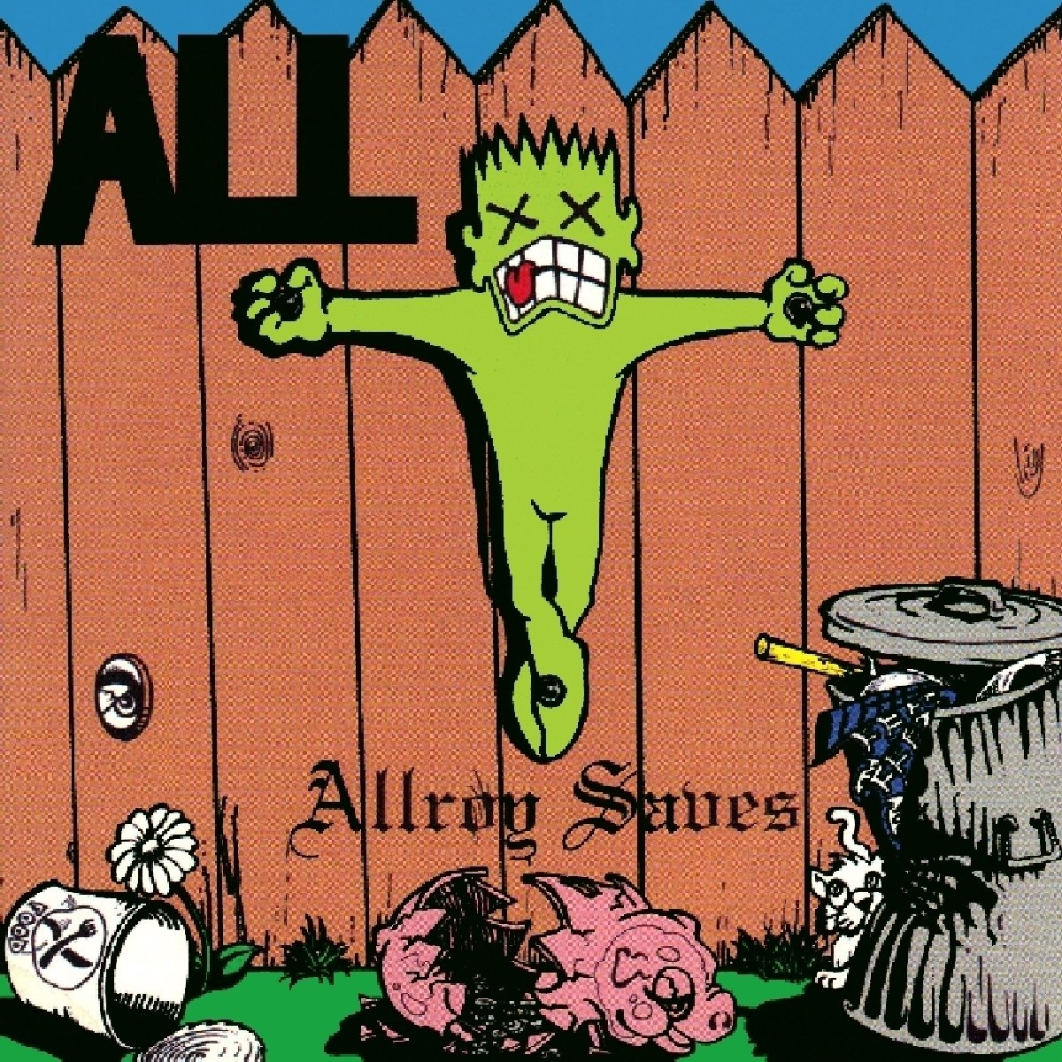 CD cover: cartoon lime green figure on a red wooden fence.