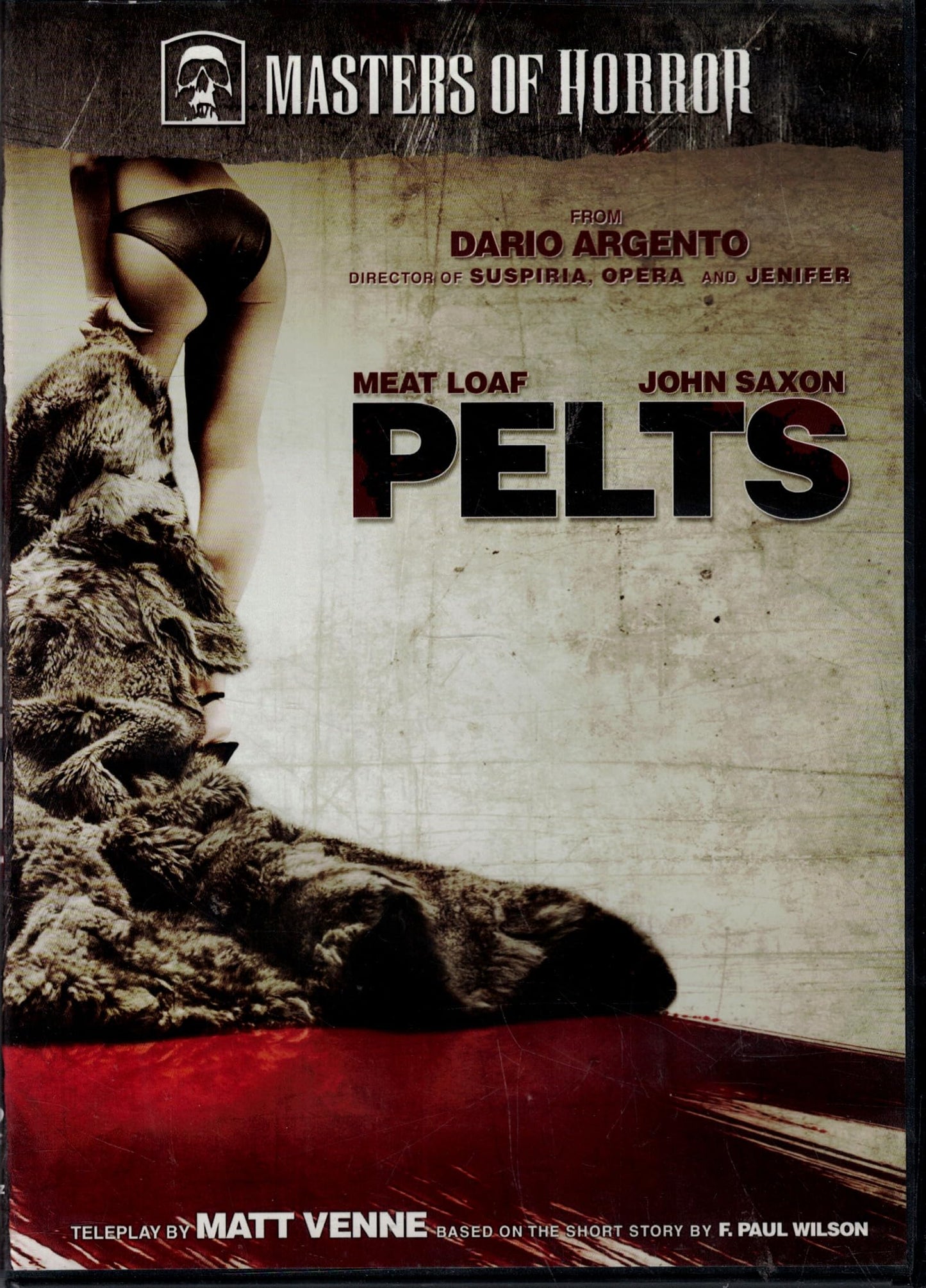 DVD cover for "Masters of Horror: Pelts" featuring a woman and a wolf.