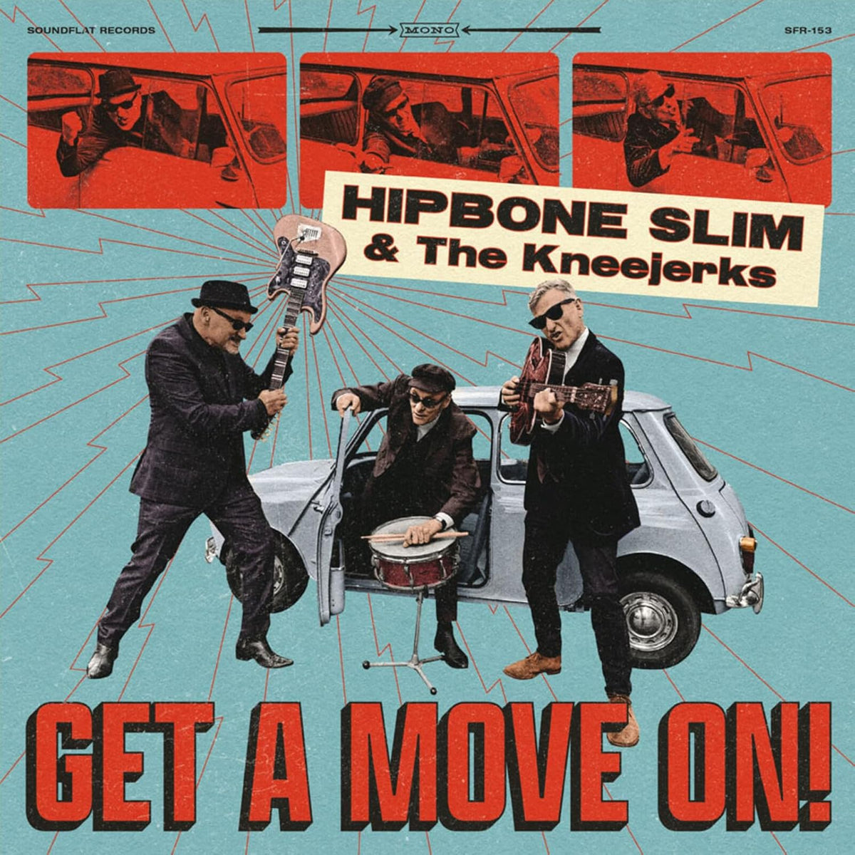Vinyl record cover featuring a band in a vintage car scene.
