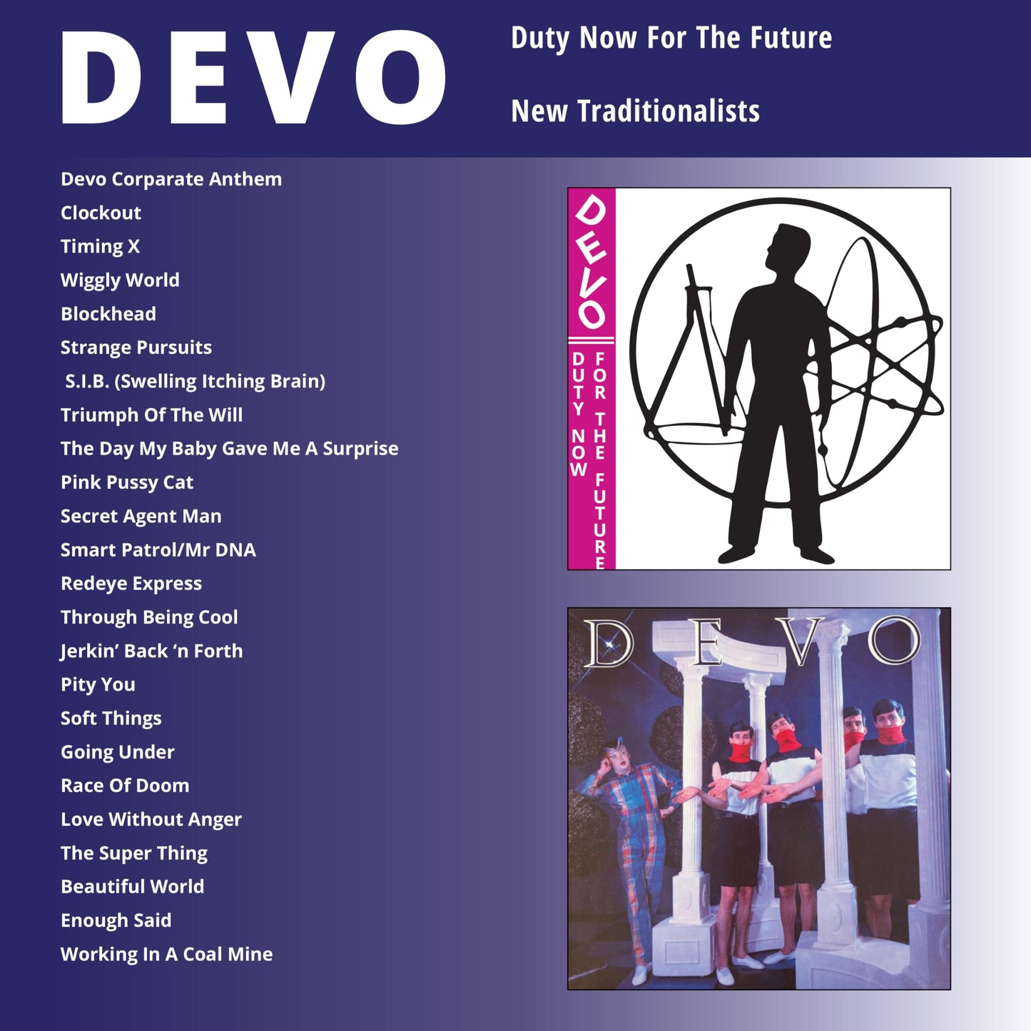 CD cover art for Devo albums Duty Now For The Future and New Traditionalists.