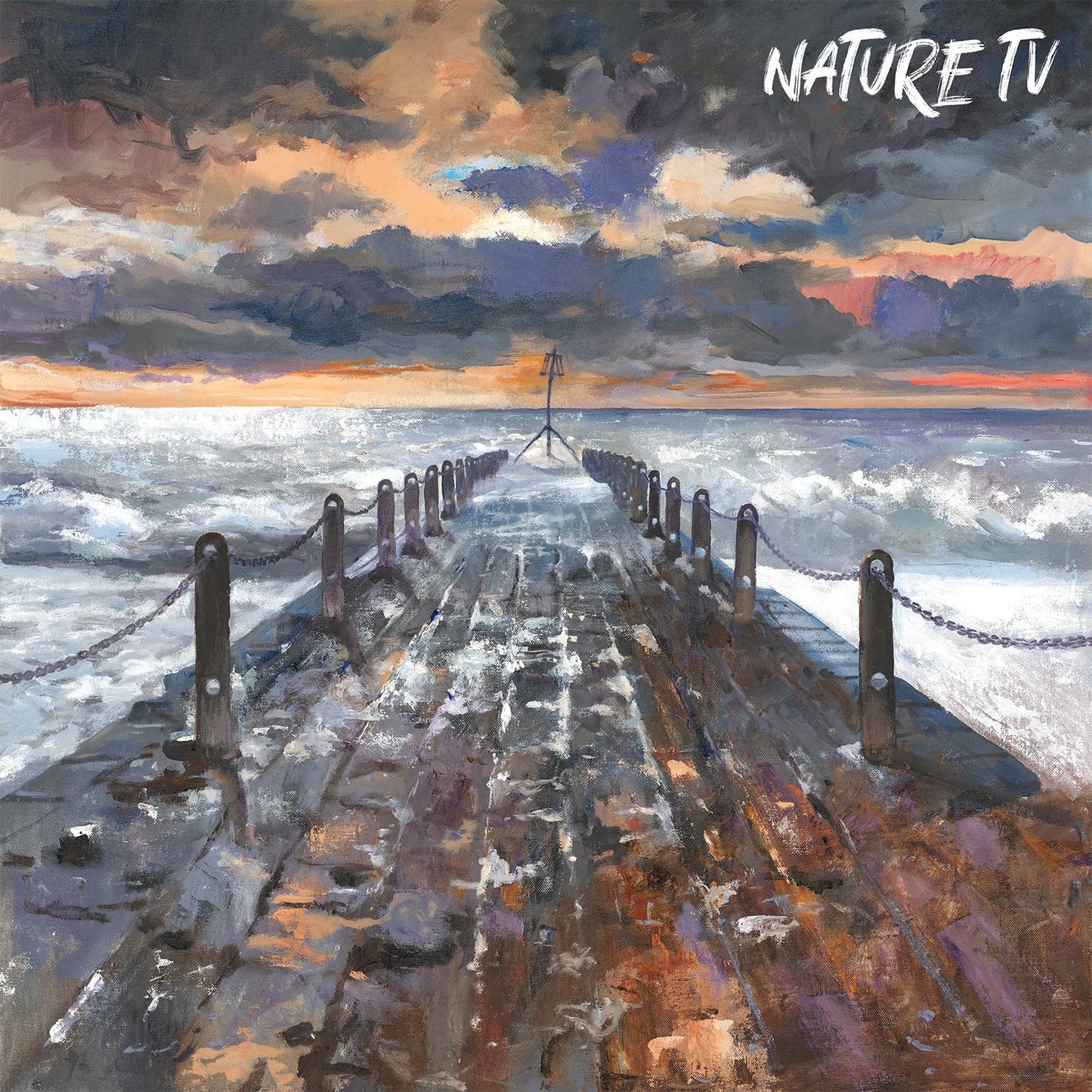 Painted image of a wooden pier extending into a stormy sea.