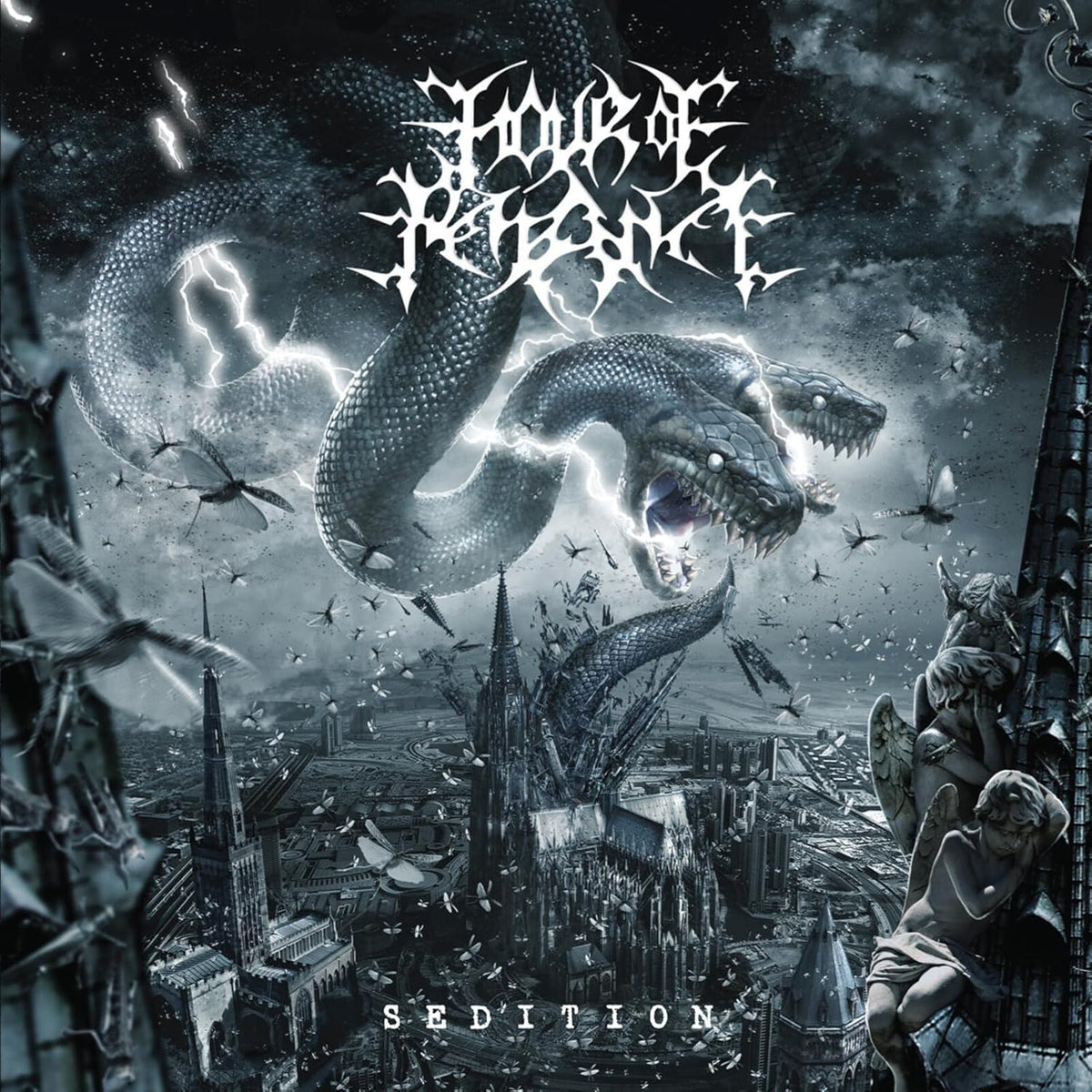 Album cover: dark fantasy art with a serpent and ruined city.