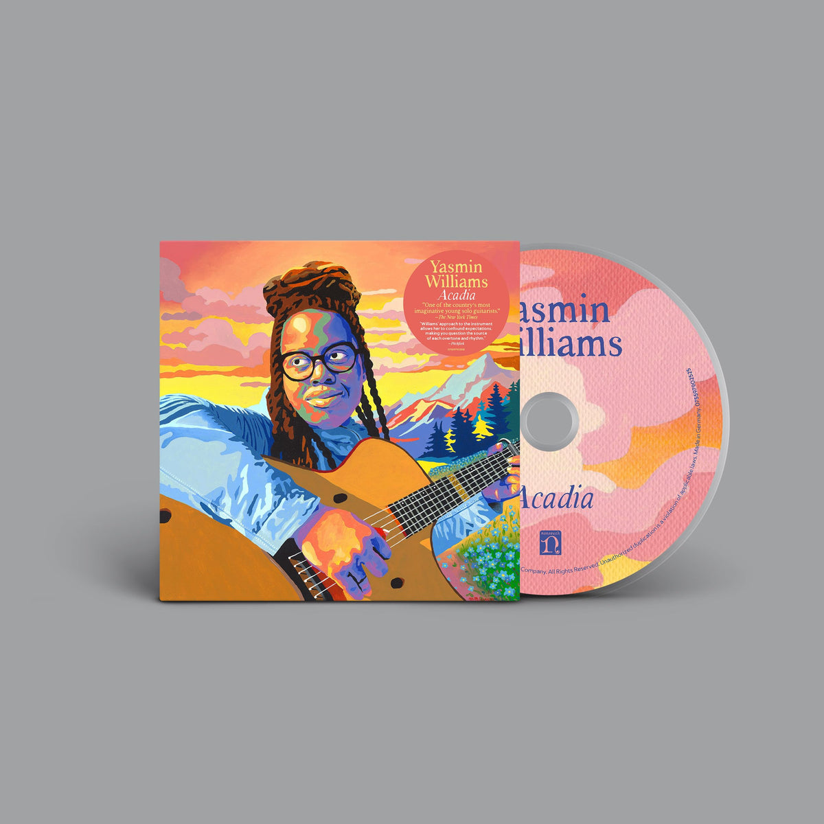 CD cover for Yasmin Williams’ “Acadia” featuring a portrait and guitar.