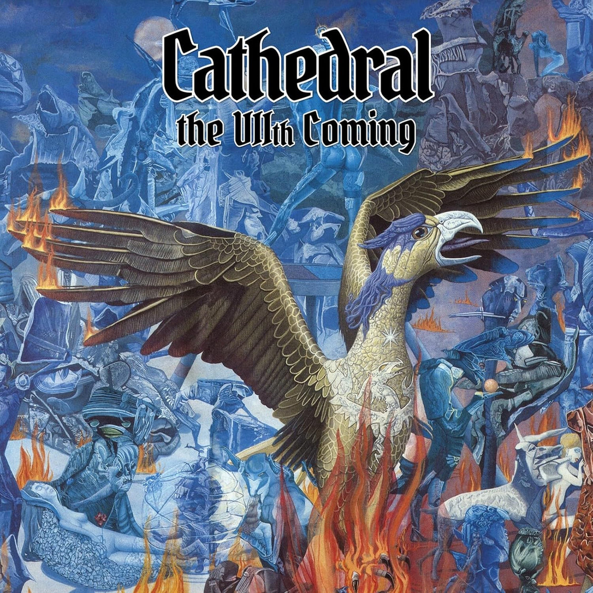 Cathedral album cover: a fiery, apocalyptic scene with a large bird.