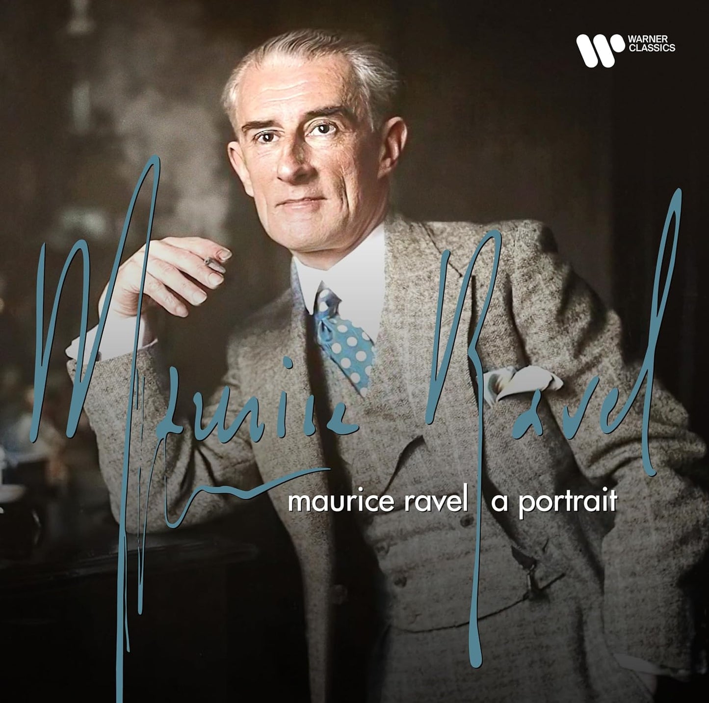 Portrait of Maurice Ravel on vinyl album cover, Warner Classics label.