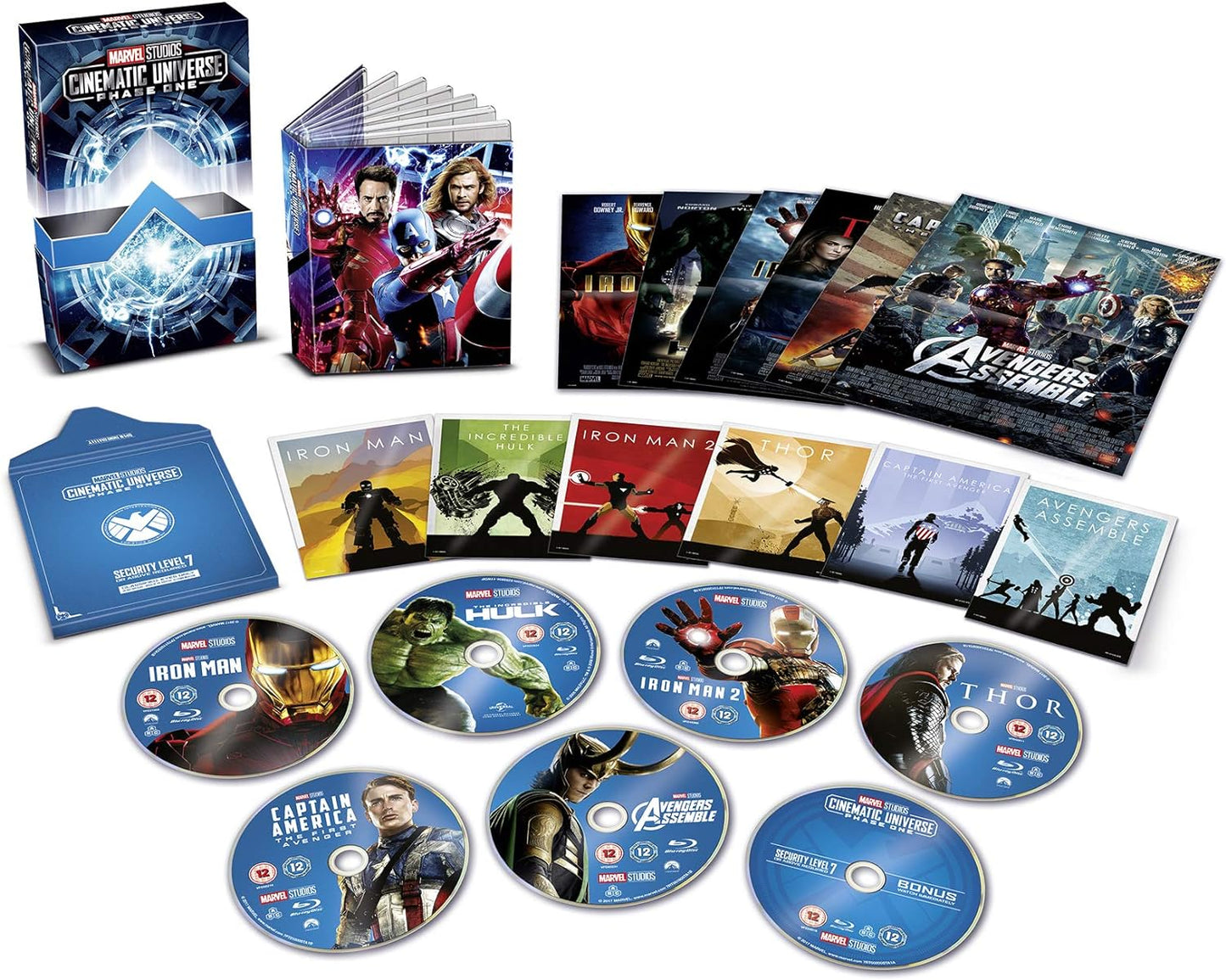 "Marvel Studios Blu-ray box set with discs, booklets, and packaging on a white background."