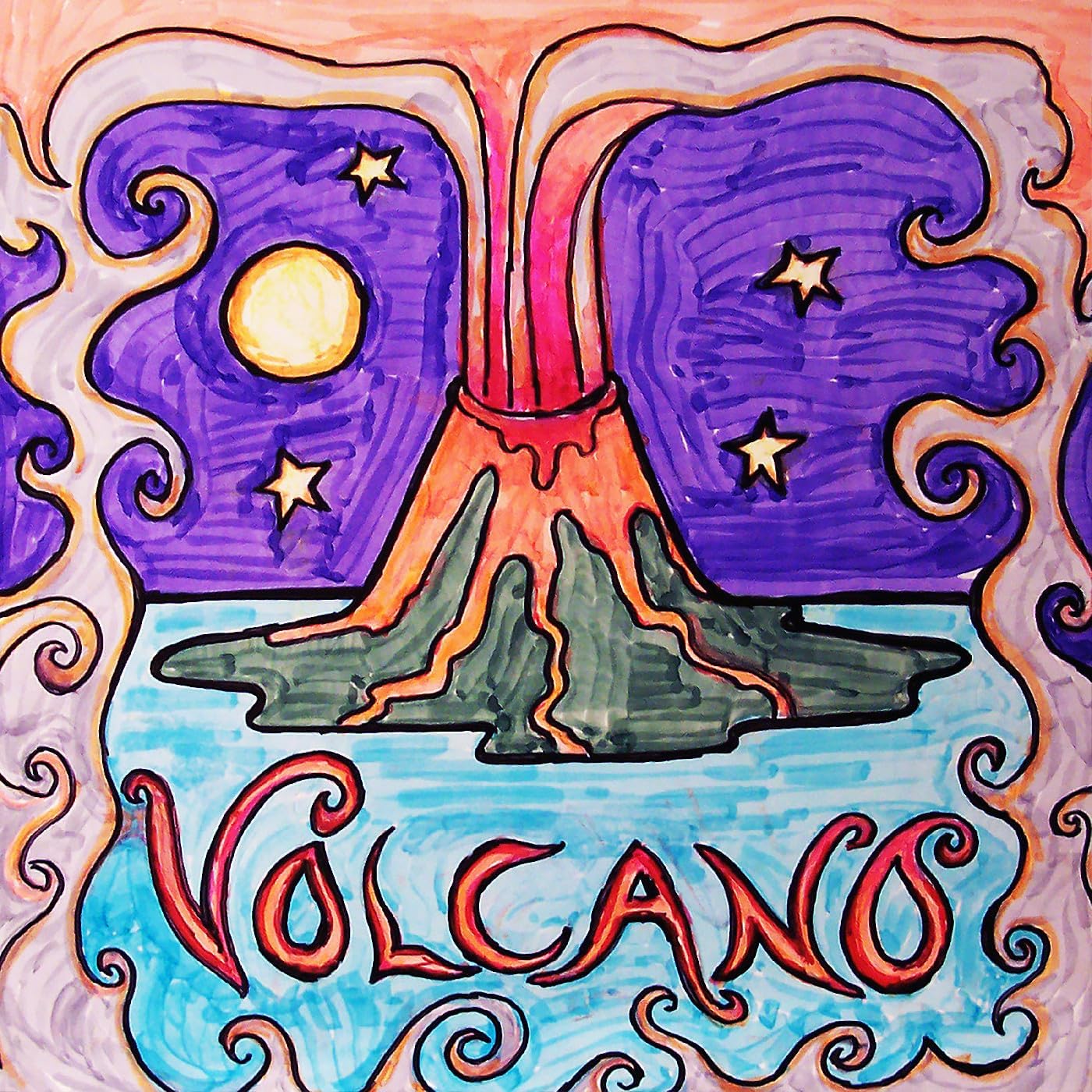 Colorful illustration of a volcano erupting, with the word "VOLCANO" below.