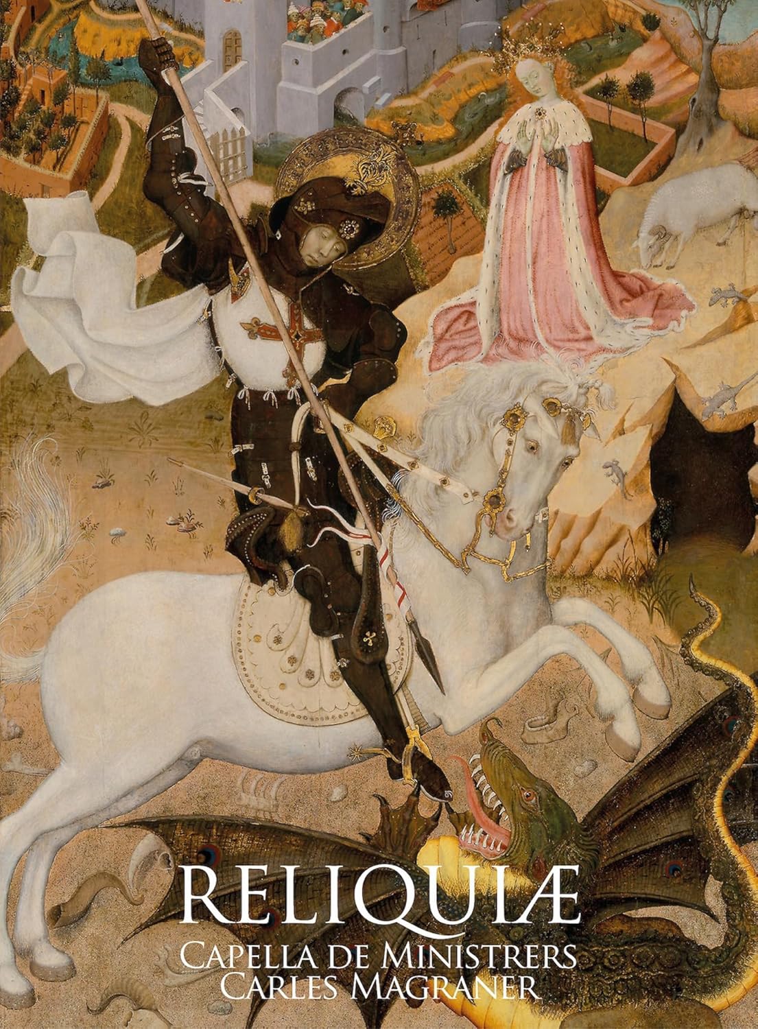 Medieval painting of a knight on a white horse, album cover art.