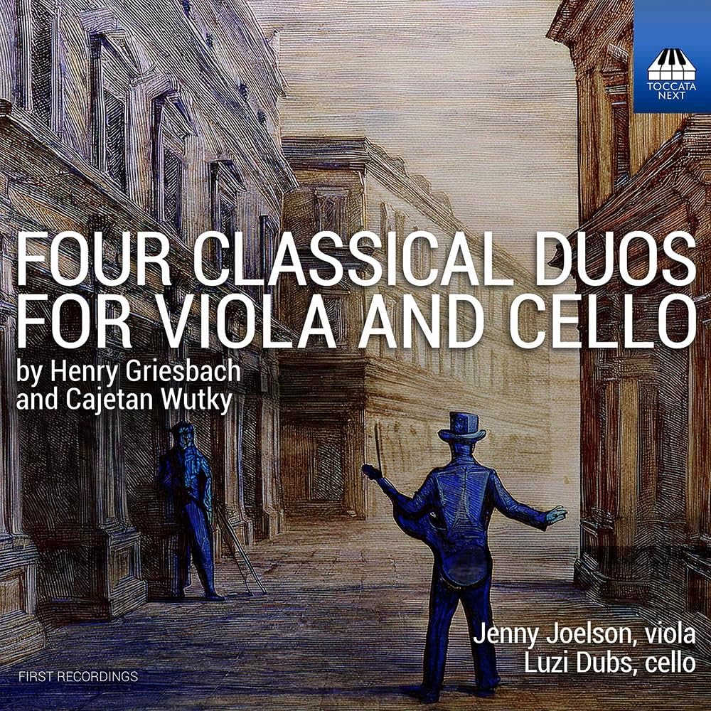 CD cover: painted street scene with musicians, text “Four Classical Duos”.