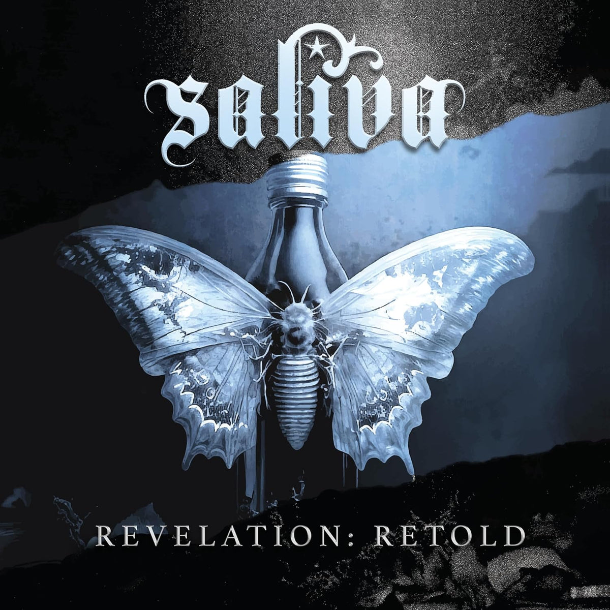 Saliva album cover: dark moth wings framing a lightbulb, text overlay.