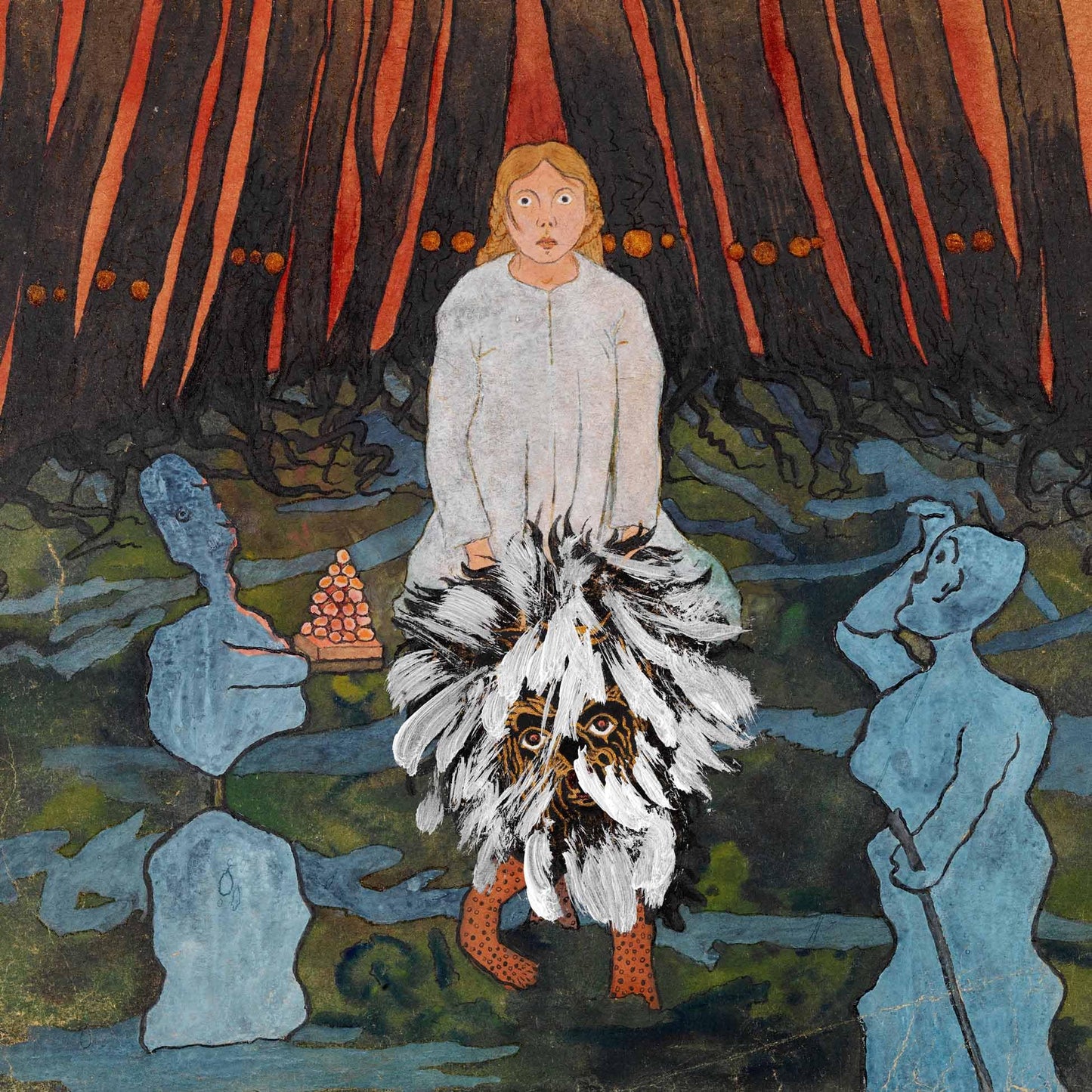 Painted album cover featuring a ghostly figure and blue, animalistic shapes.