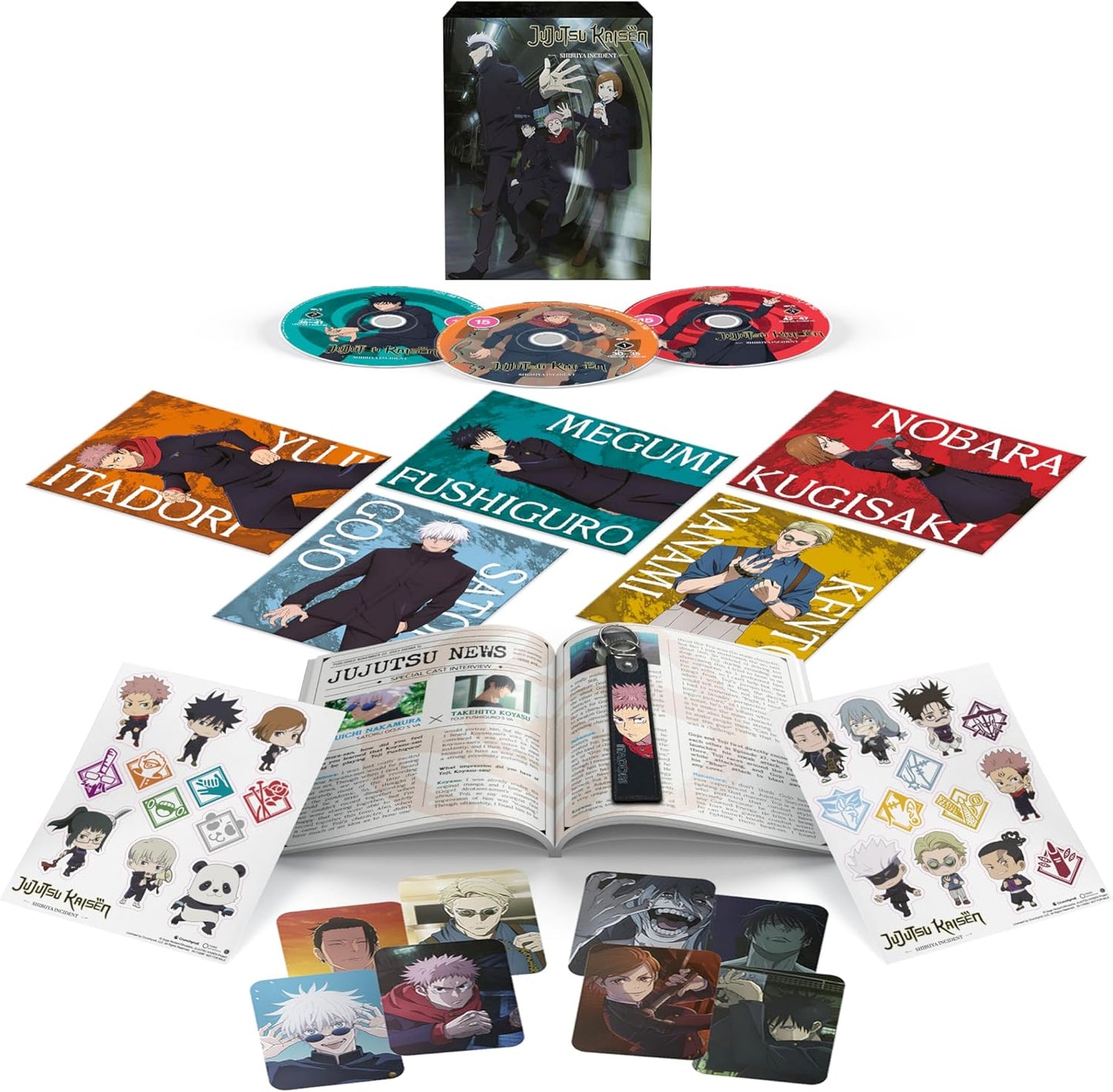 Jujutsu Kaisen" Blu-ray box set with character art, discs, and bonus items.
