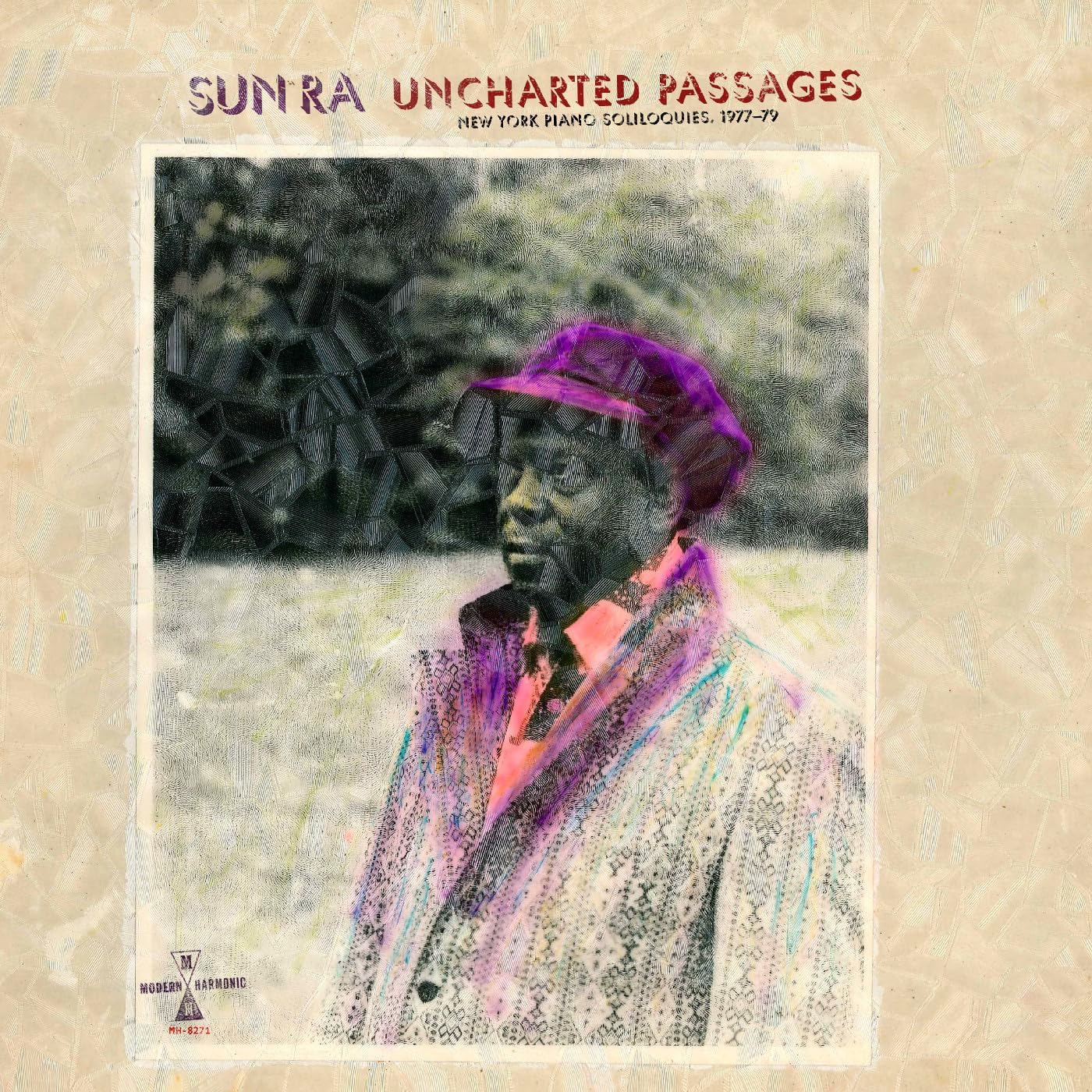 Sun Ra album cover: portrait of a man with piano keys background.