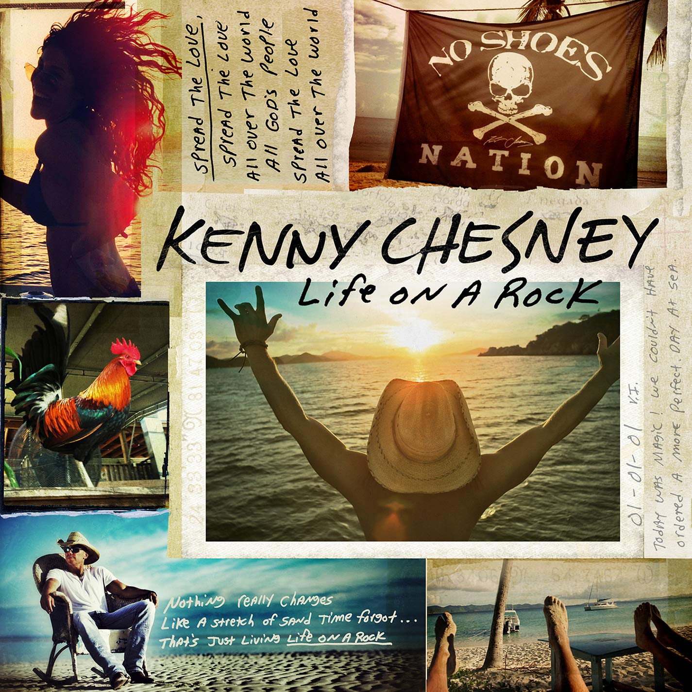 Kenny Chesney “Life On A Rock” CD cover with beach scene and text.