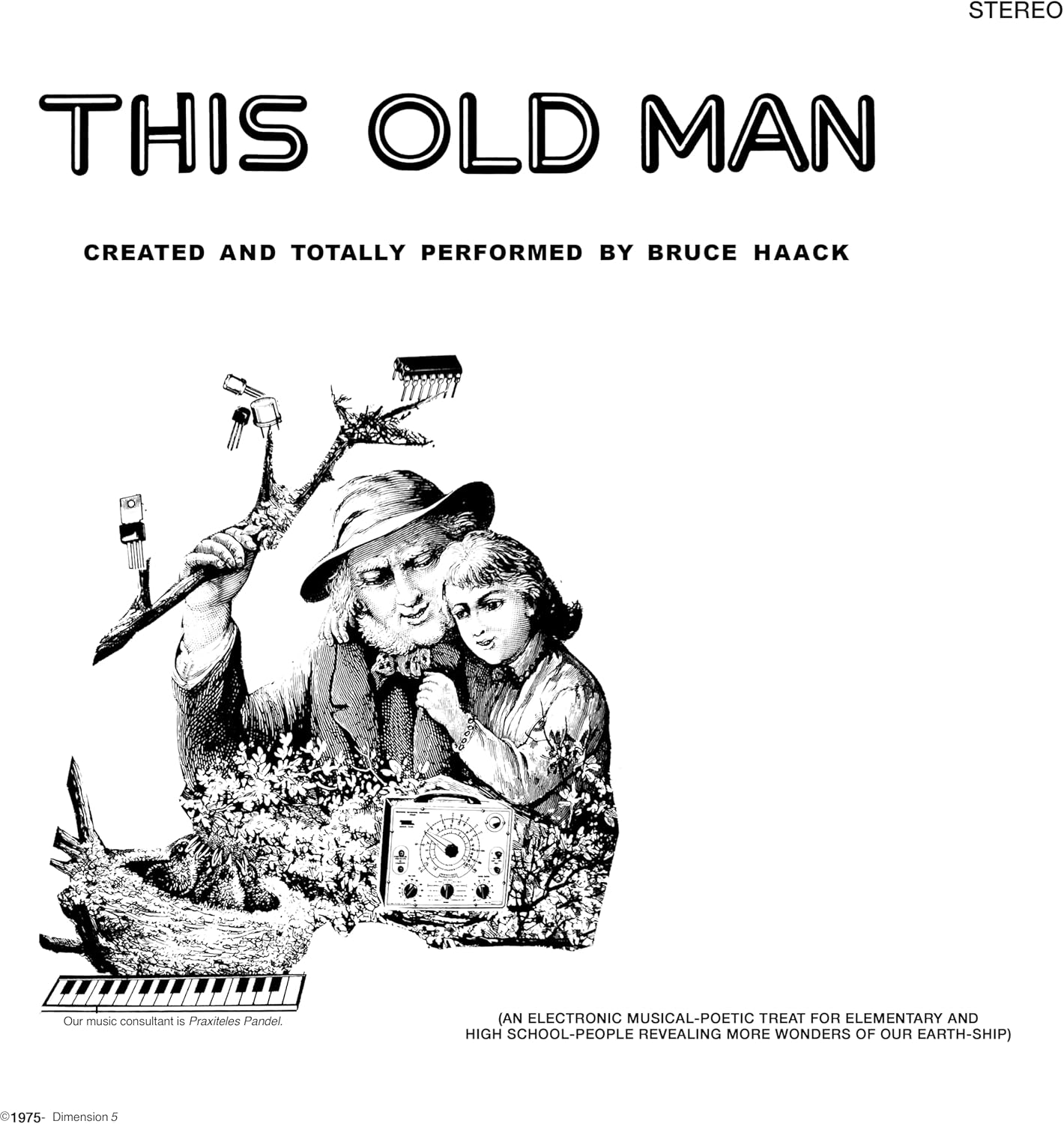 Vintage album cover featuring an illustrated old man with children and electronics.