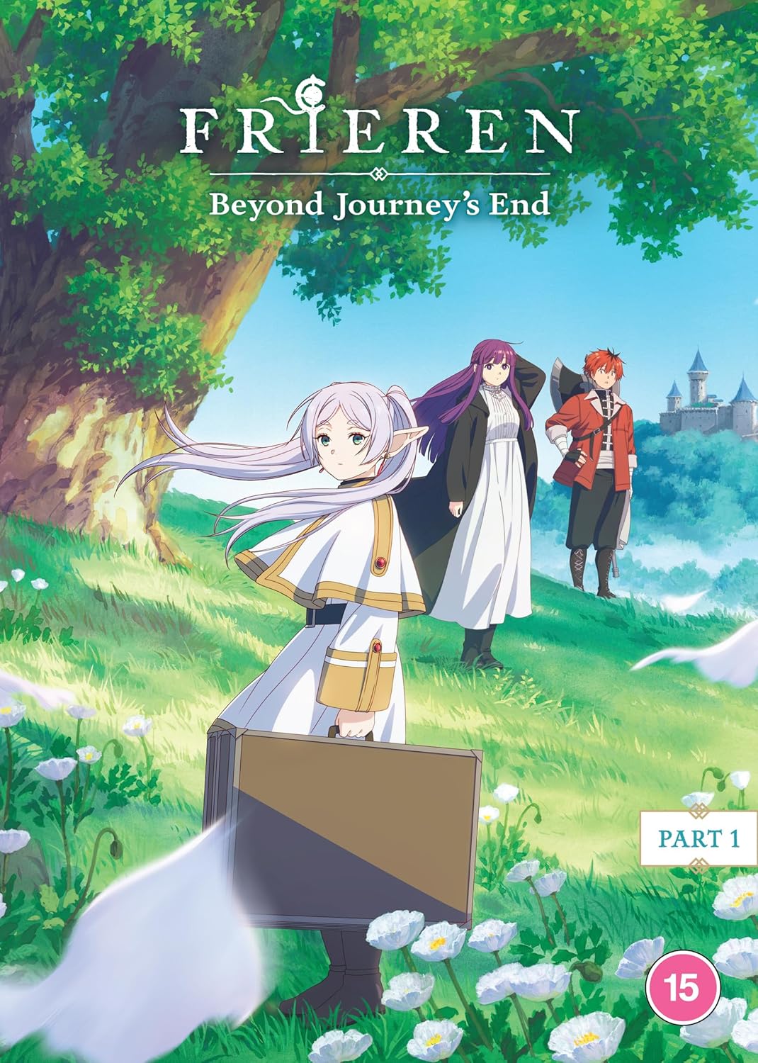 Anime characters Frieren, Fern, and Stark stand in a grassy field before a castle.