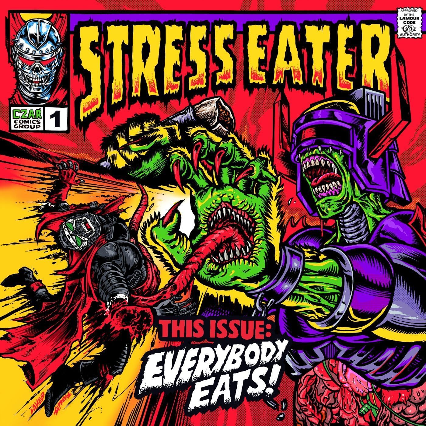 Vinyl record of "Stress Eater - Everybody Eats!" with colorful label design.