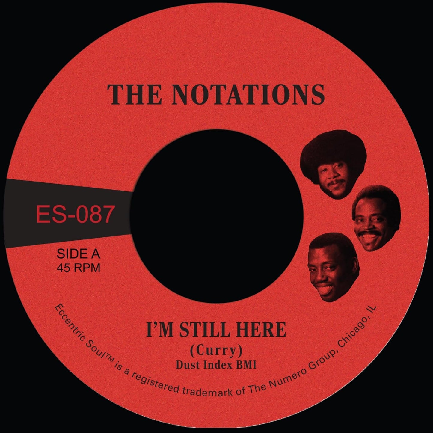 Red and tan vinyl record label featuring three men’s portraits.