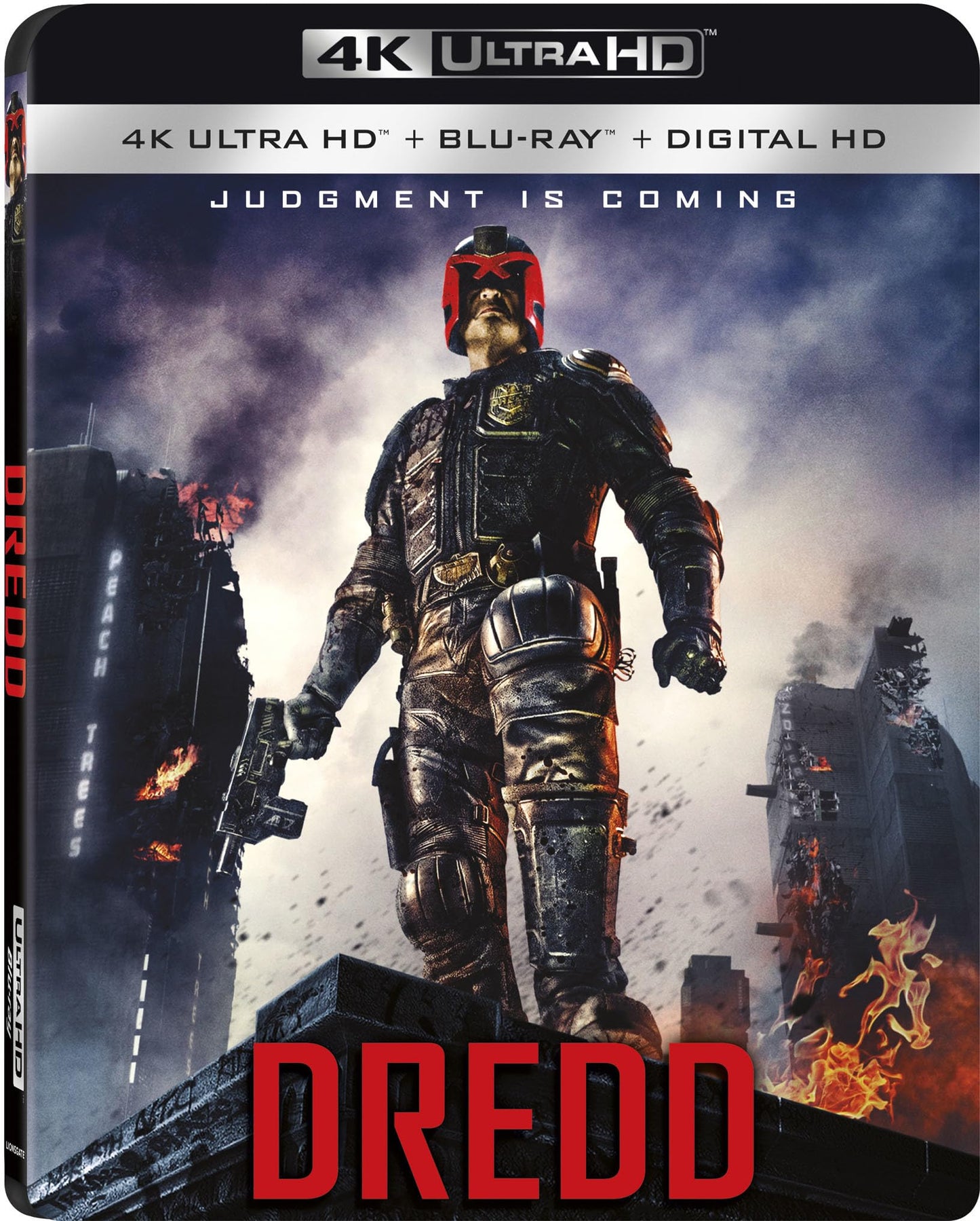 Dredd Blu-ray cover featuring Judge Dredd in armor, cityscape background.