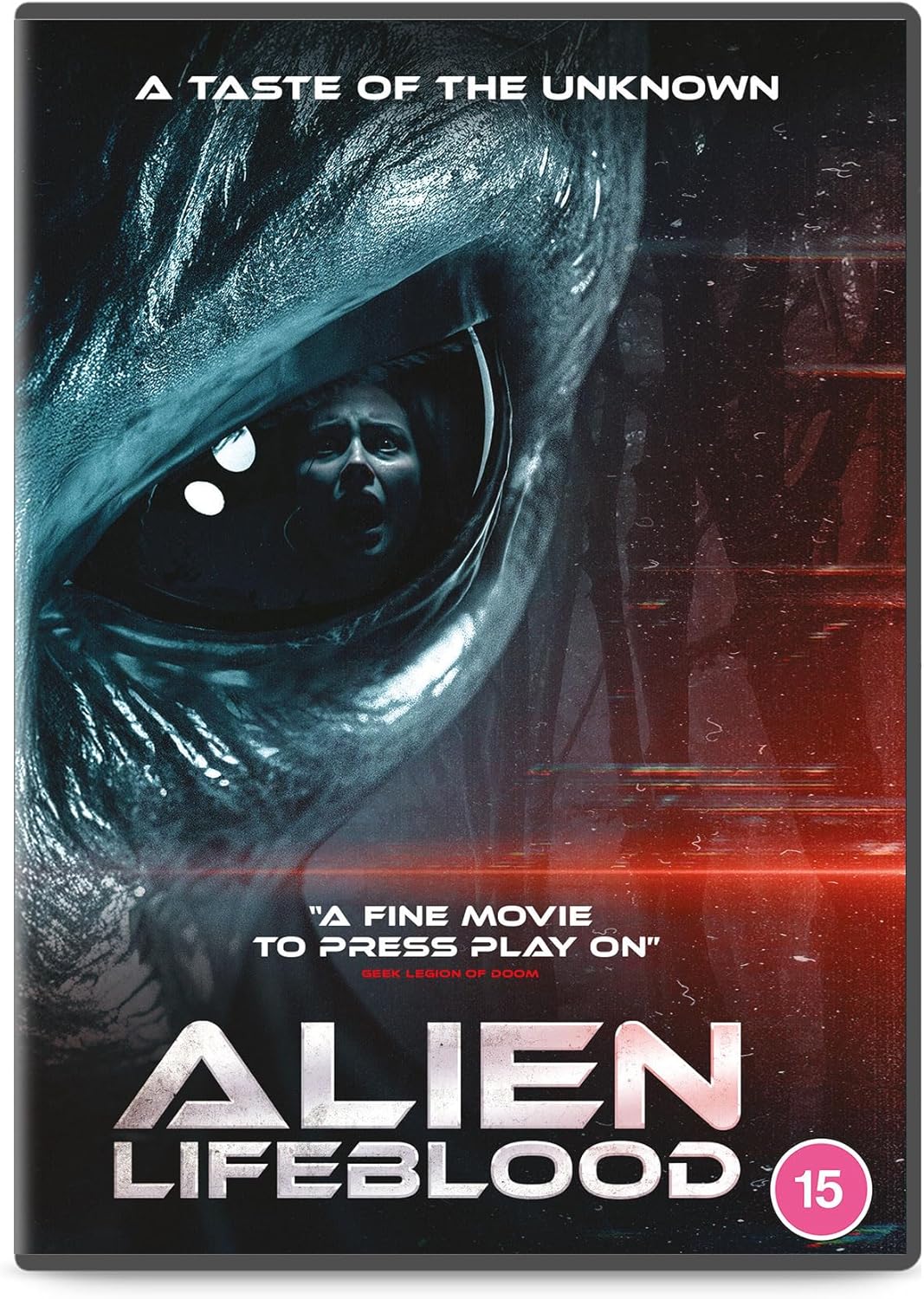 DVD cover for “Alien Lifeblood” featuring an astronaut’s helmet and red nebula.