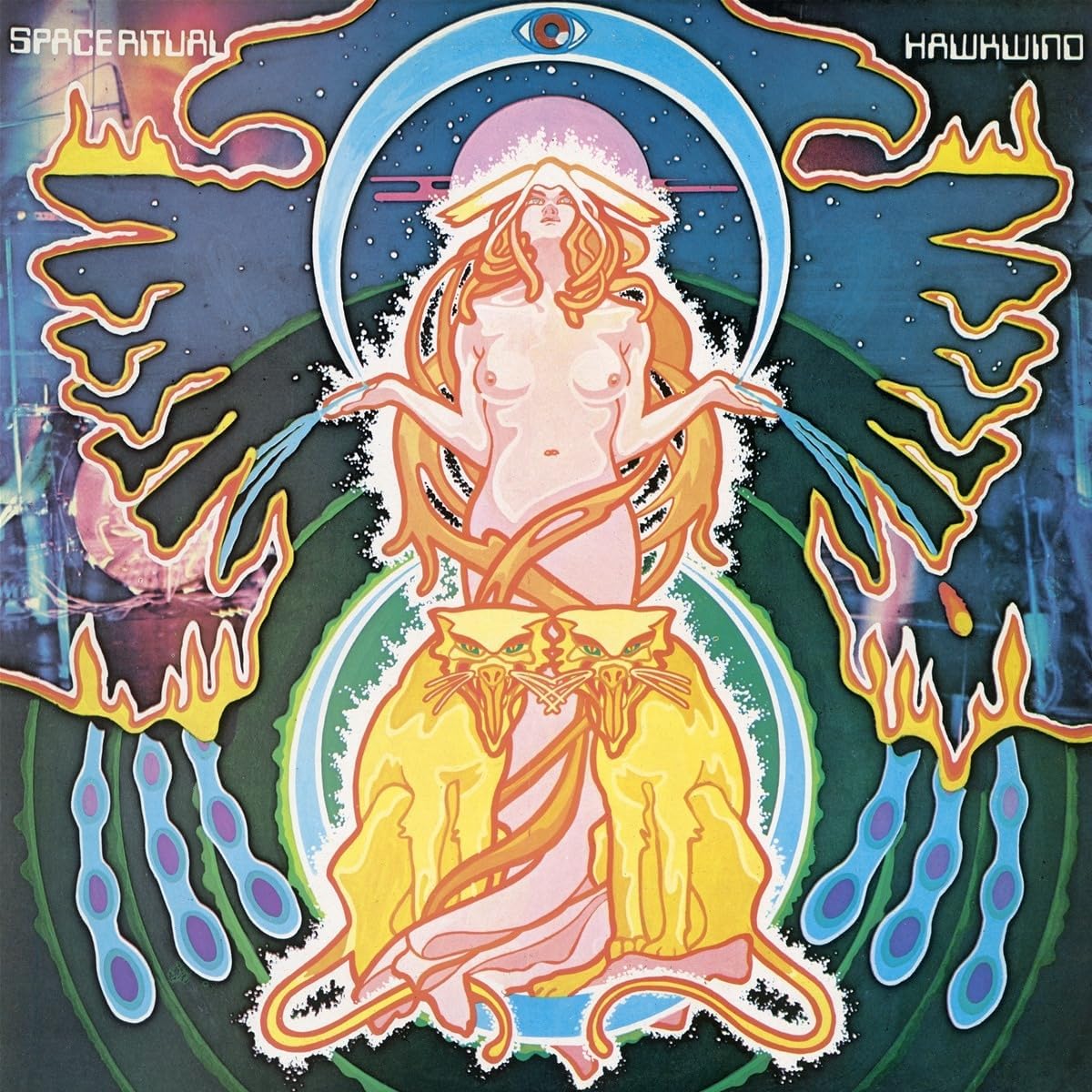 Hawkwind’s “Space Ritual” album cover: psychedelic art with a woman and tiger.