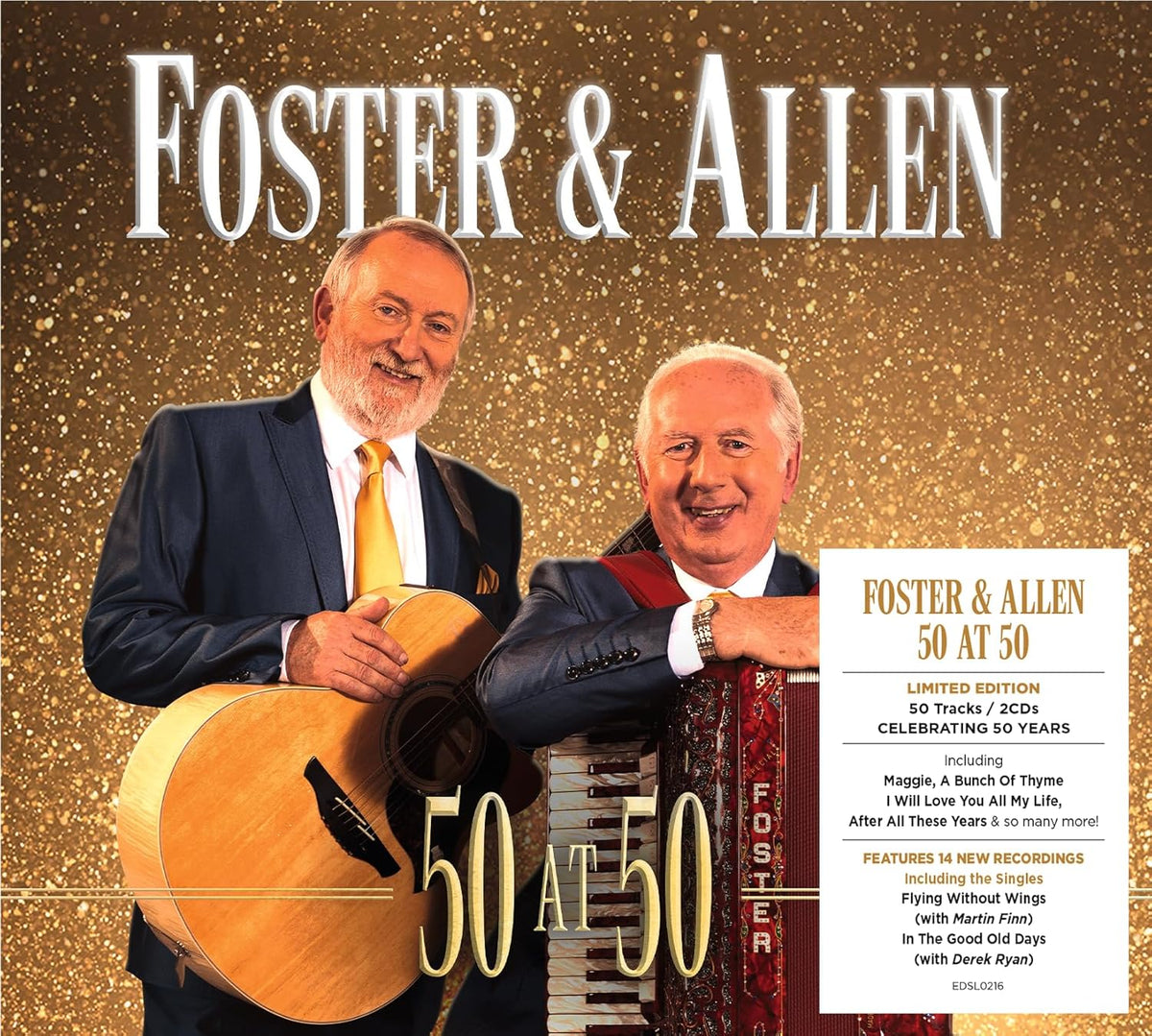 CD cover for Foster & Allen's "50 At 50" featuring two men with a guitar.