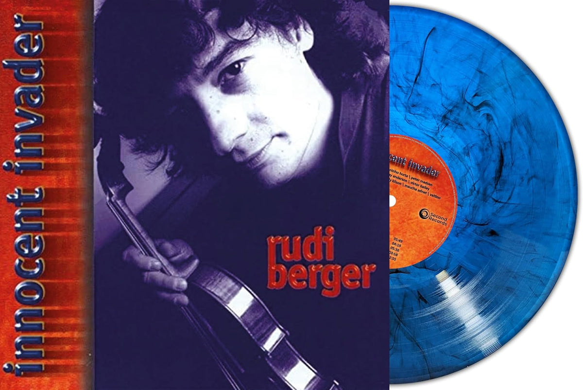 Vinyl record with a portrait of Rudi Berger and blue marble effect.