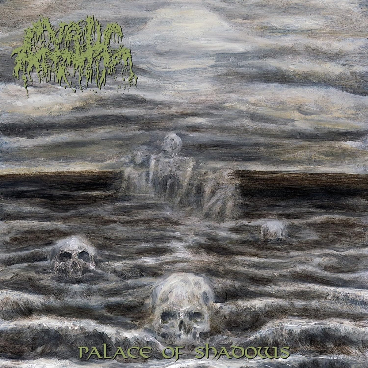 Painted album cover: skulls in stormy water beneath a weeping willow.