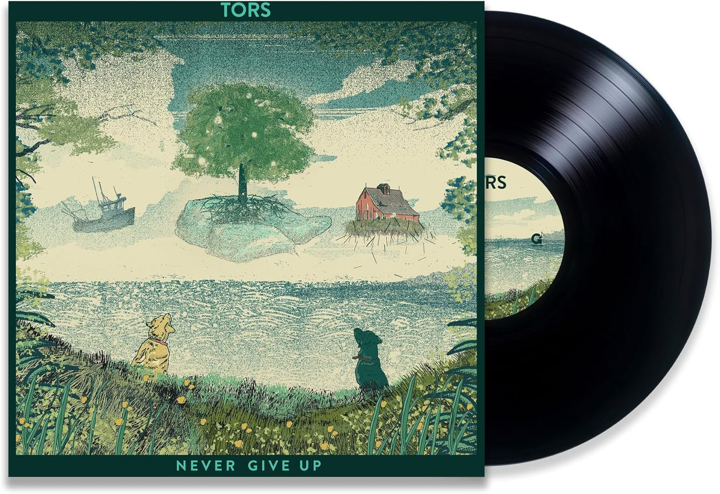 Never Give Up" vinyl record with landscape cover art and a dog.