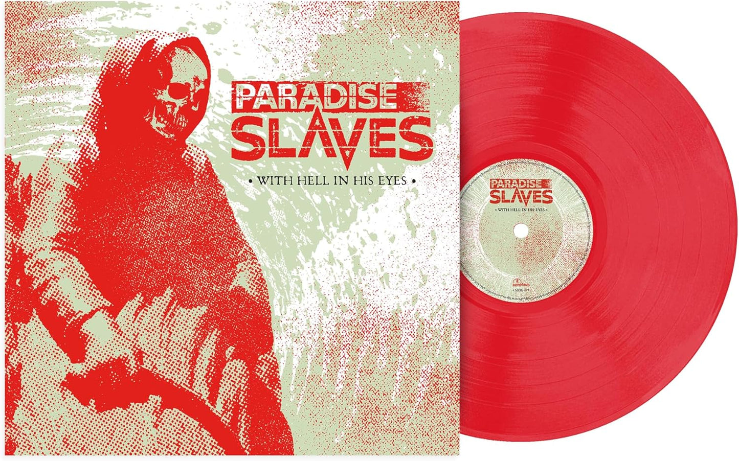 Red vinyl record with skull and text, album “Paradise Slaves.”