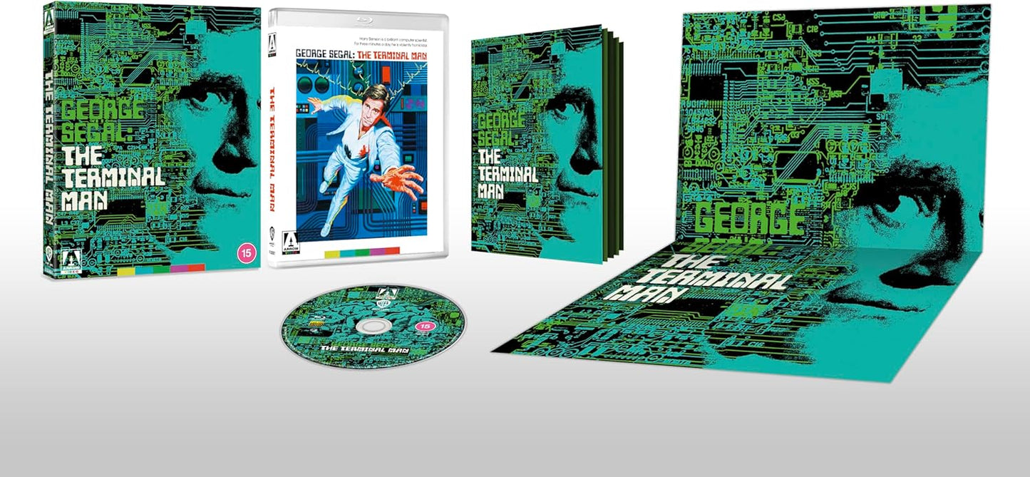 The Terminal Man Blu-ray set featuring circuit board art, disc, case, and collector's booklet.
