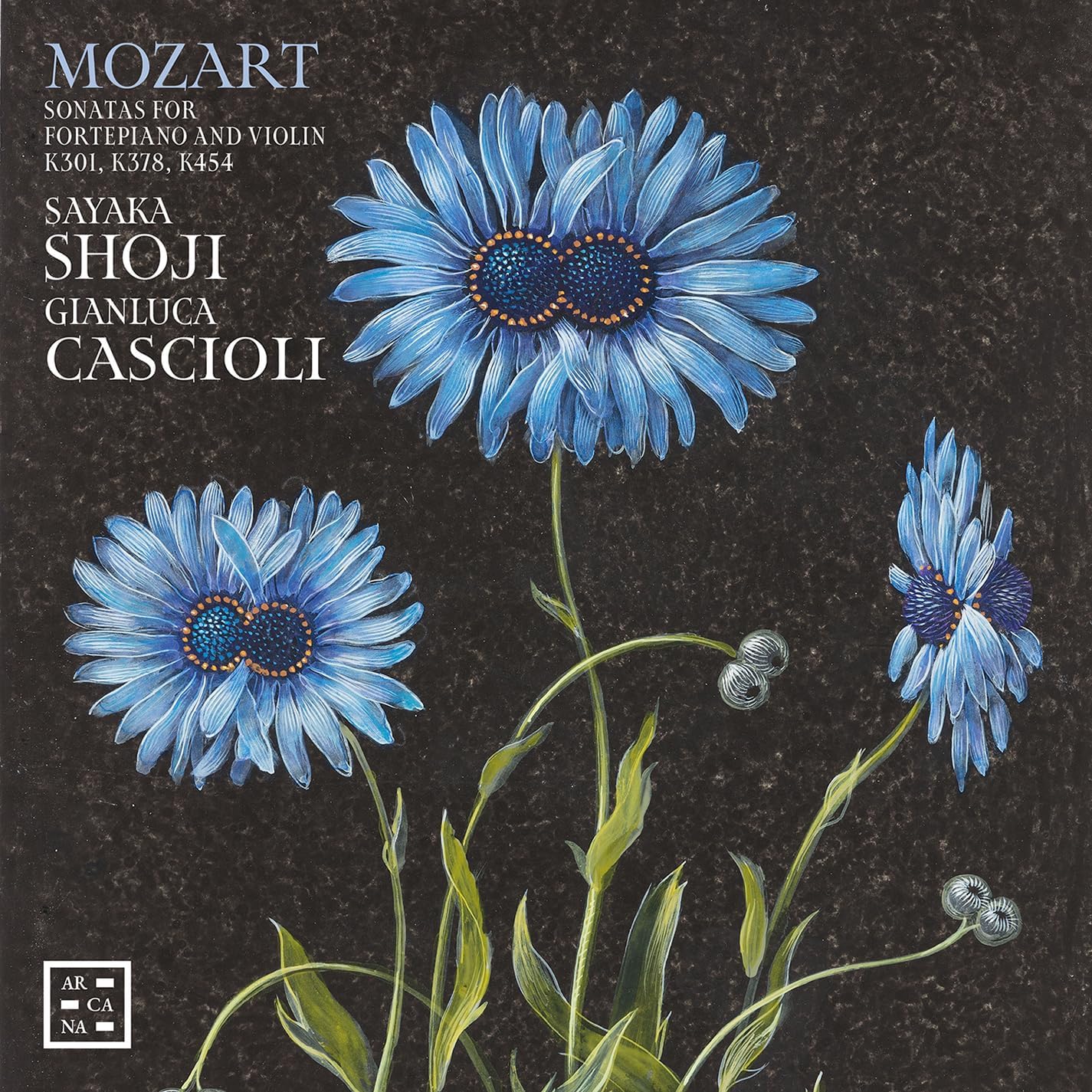 CD cover: blue flowers painting, text āMozart Sonatasā and artist names.