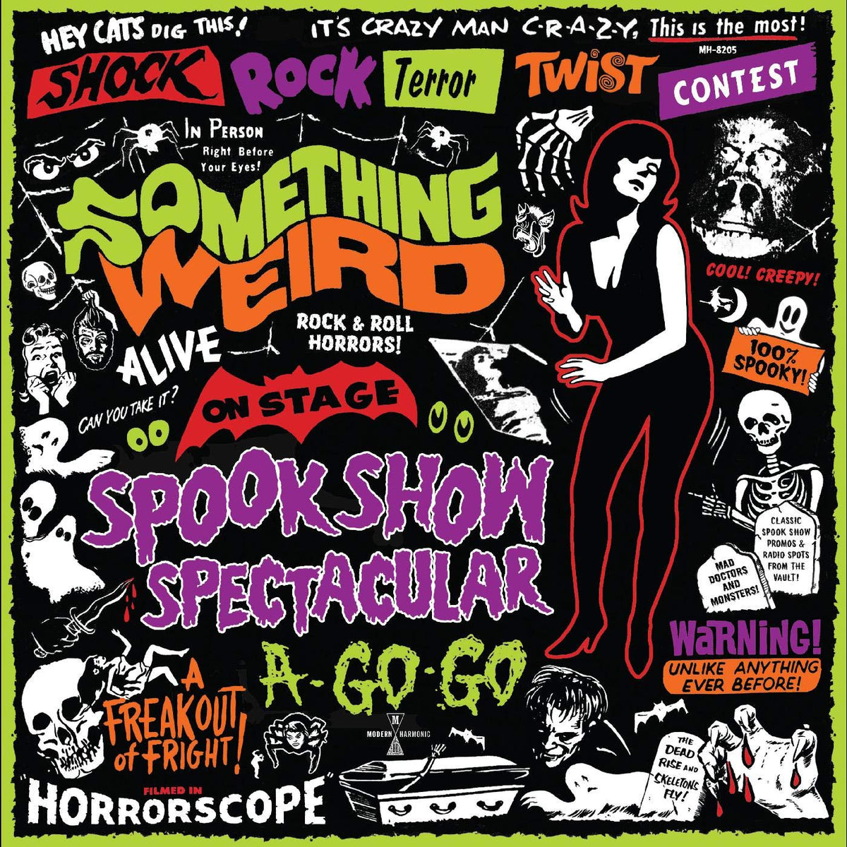 Vintage-style poster for "Spook Show Spectacular A-Go-Go" with horror imagery.