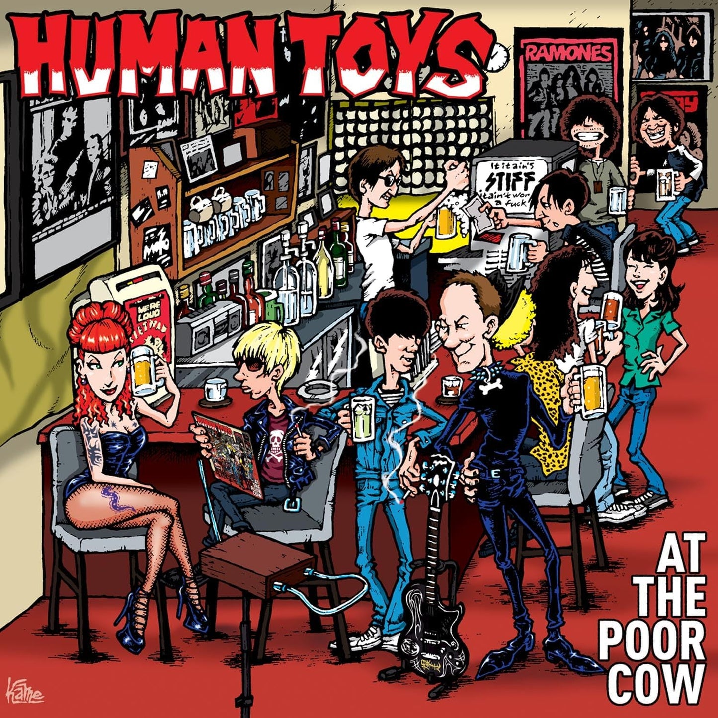 Cartoon vinyl record cover depicts a crowded, lively bar scene with people.