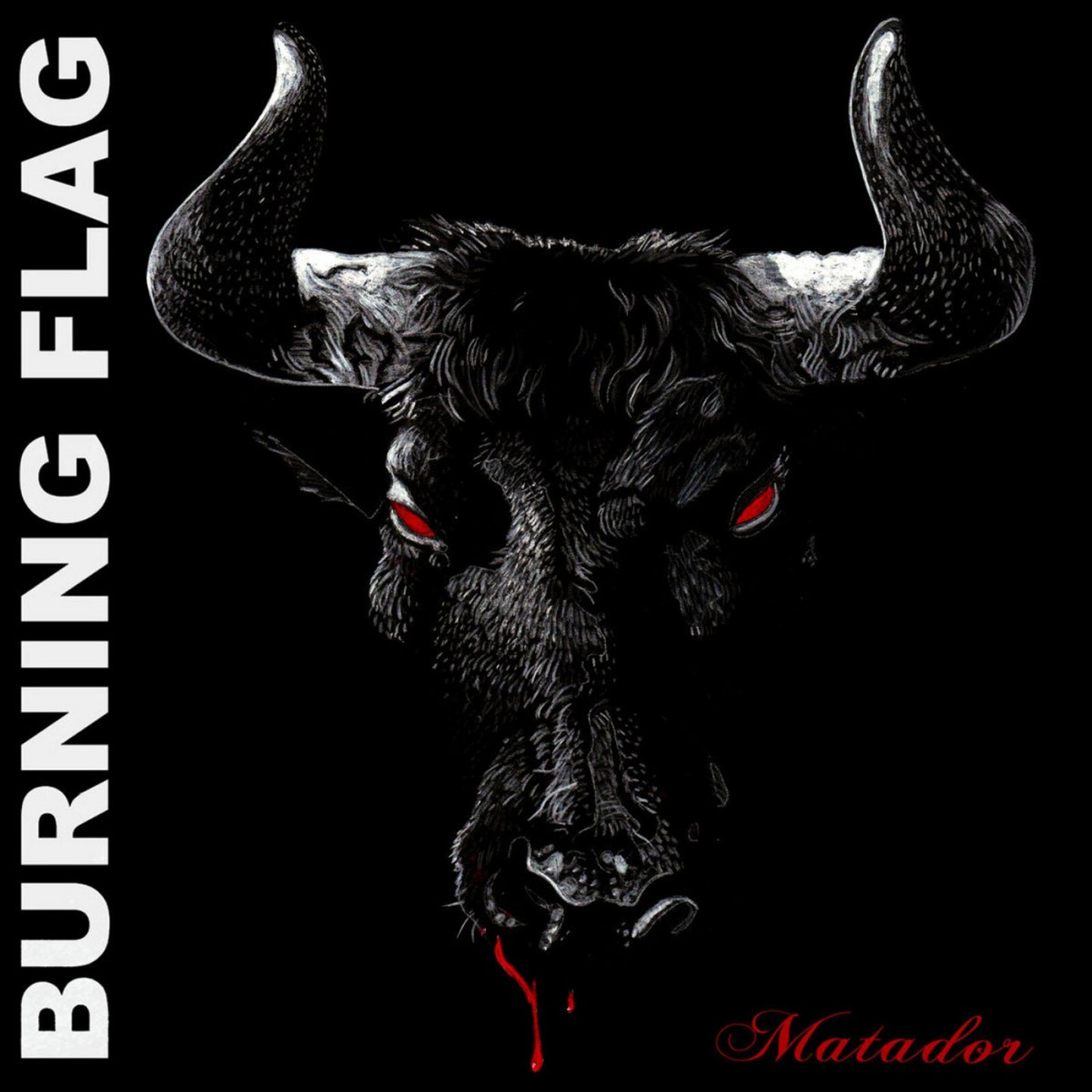 Black and white illustration of a bull’s head with red eyes and text.
