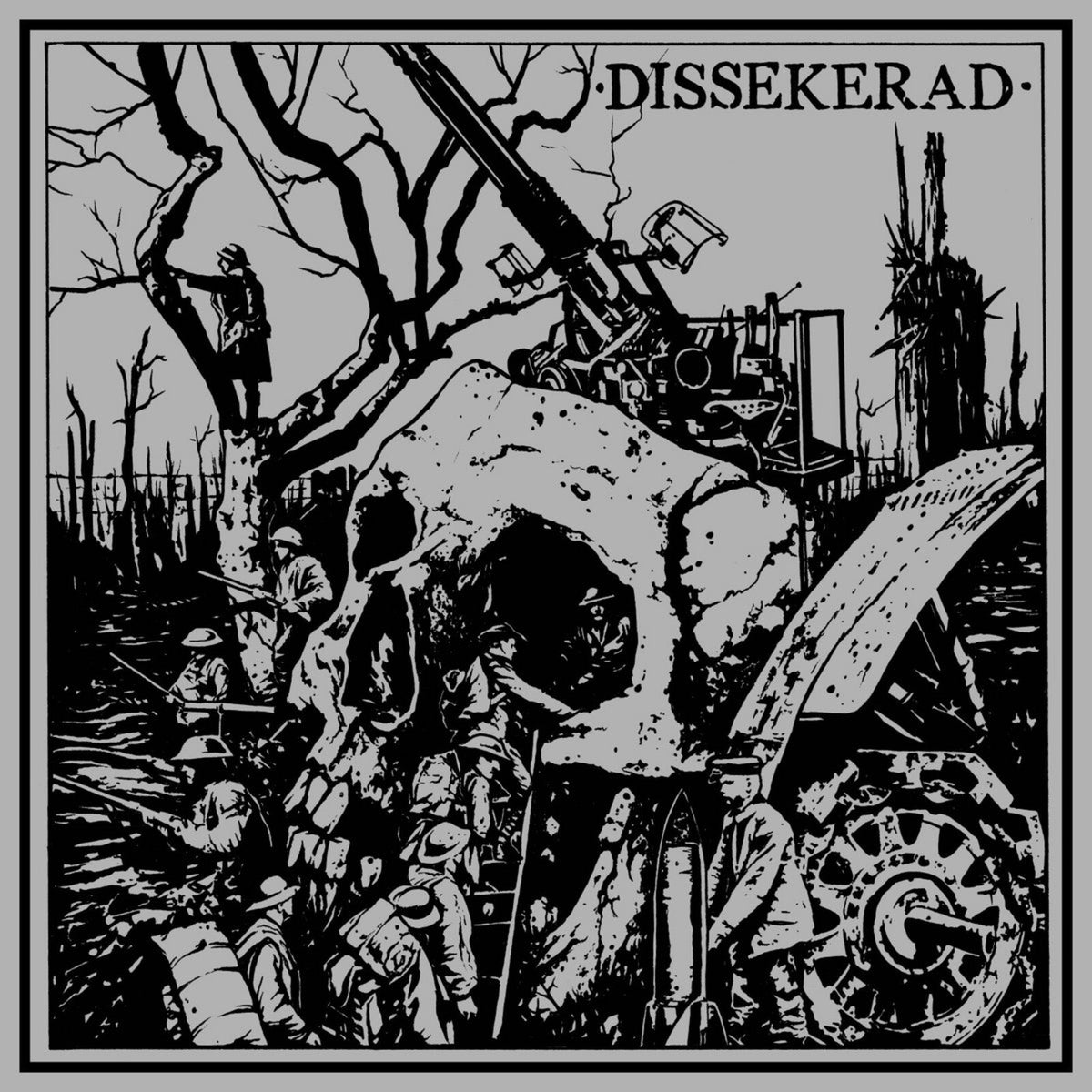 Black and white album cover depicting war scene with skull imagery.
