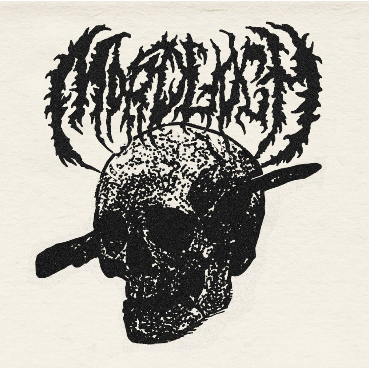 Black and white illustration of a skull with ornate text above.