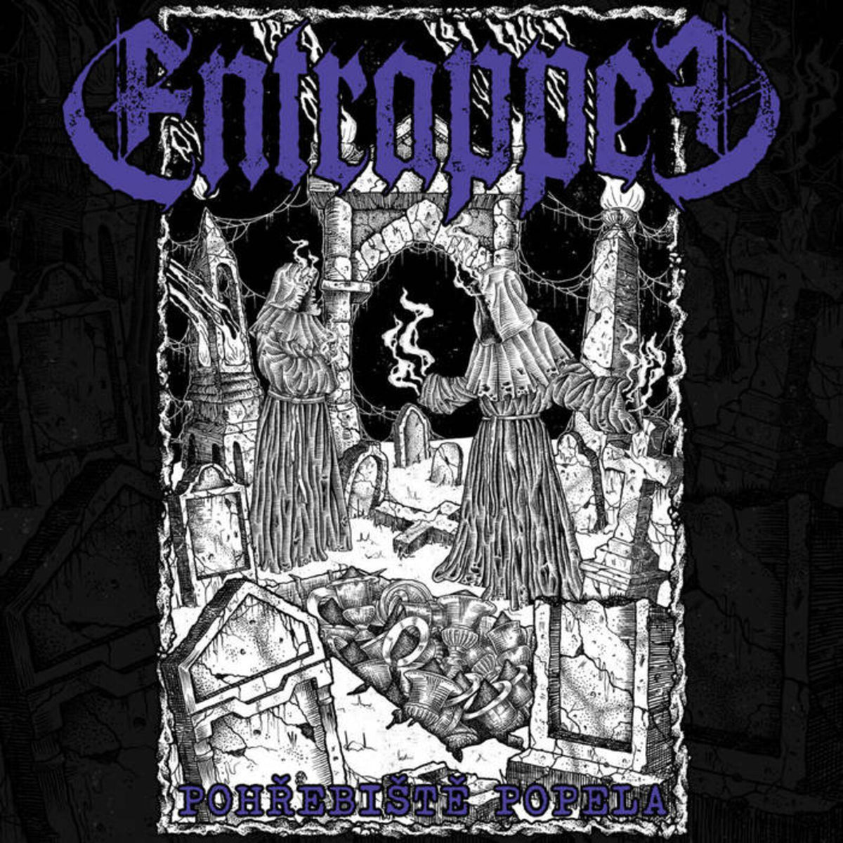 Black and white illustration of hooded figures around a grave.