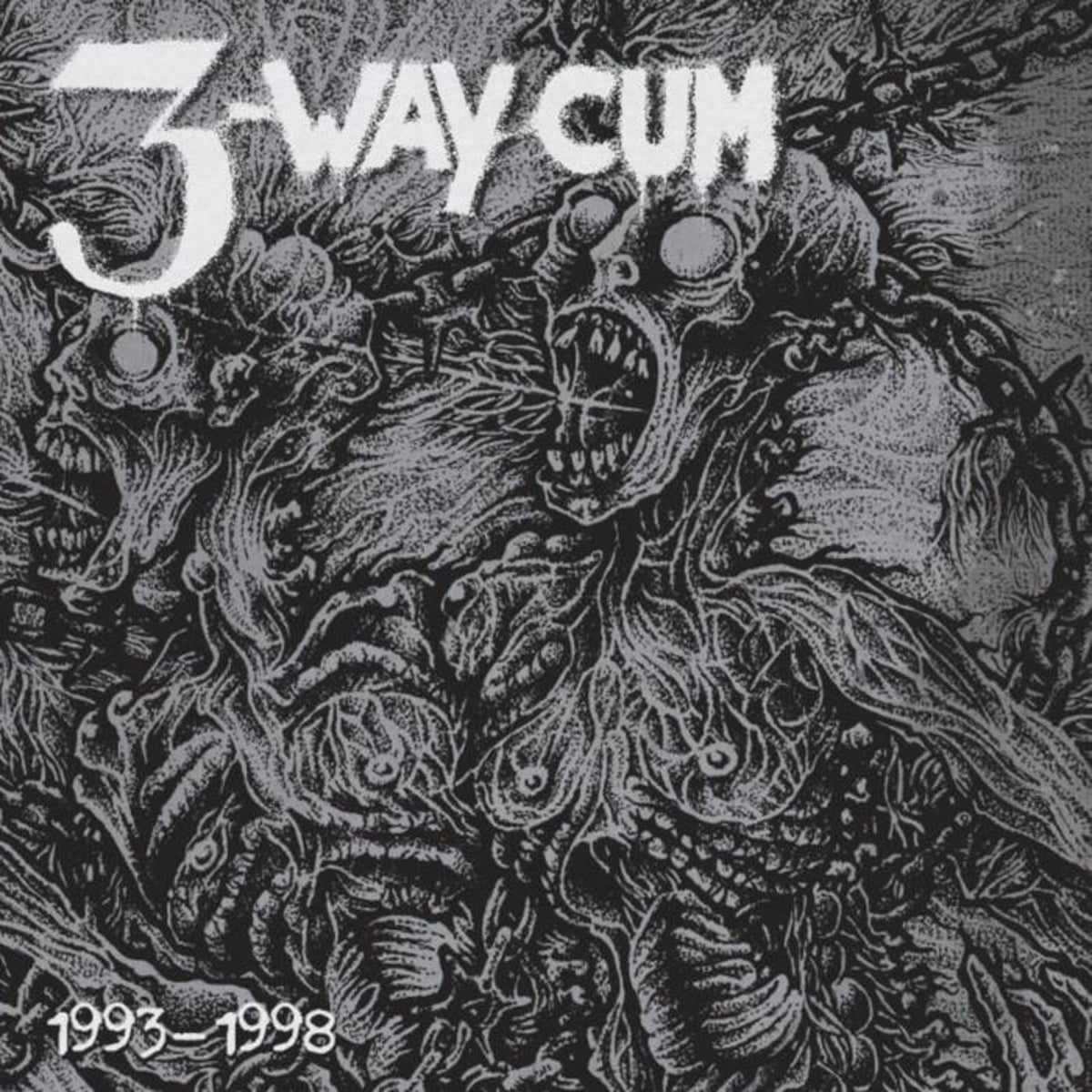 Dark, detailed illustration with text “3-WAY CUM” and dates “1993-1998”.
