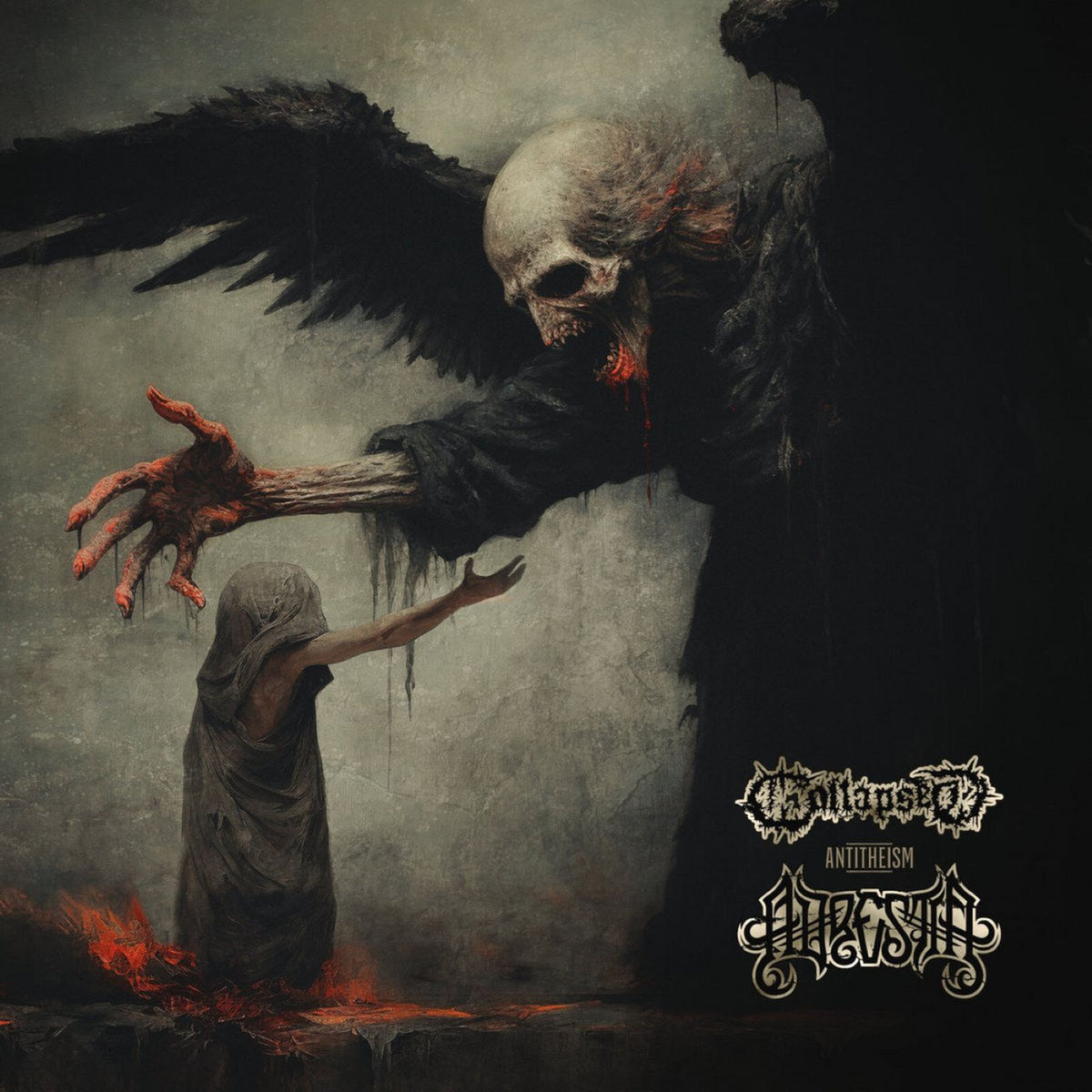 Dark album cover depicting a skeletal winged figure and kneeling person.