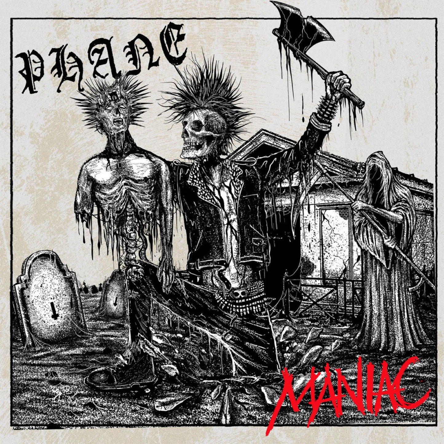 Black and white illustration of skeletal figures in a chaotic graveyard scene.
