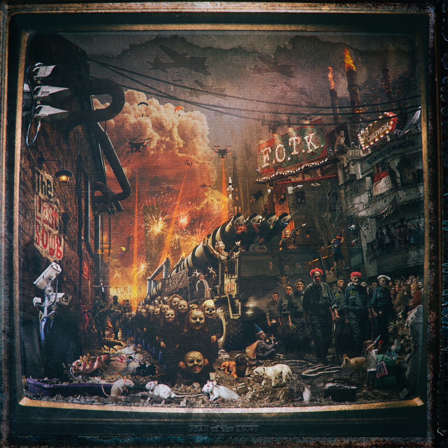 Dystopian album art depicting a chaotic, war-torn cityscape with crowds.