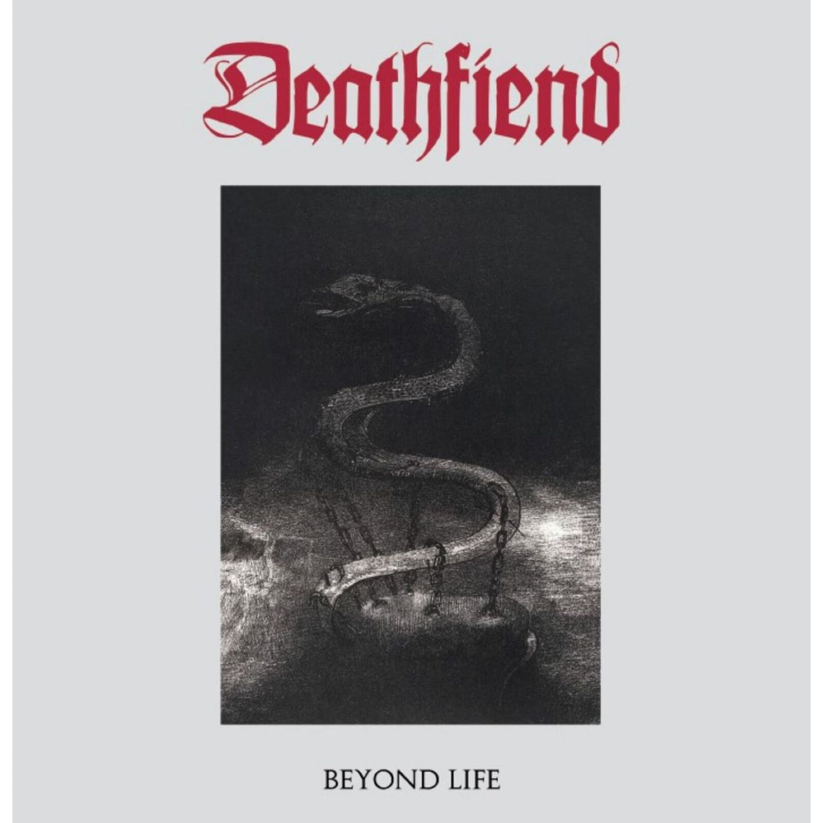 Album cover for Deathfiend's "Beyond Life" featuring a coiled serpent.